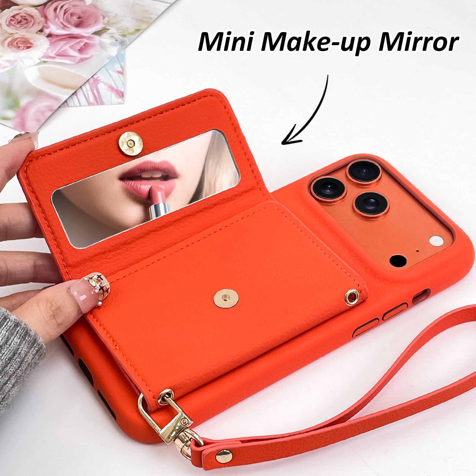 OOK Custodia a portafoglio per iPhone 17 Pro Max con porta carte di credito | Design multifunzionale con slot per schede, cinturino da polso, specchio nascosto, custodia protettiva sottile in pelle TPU