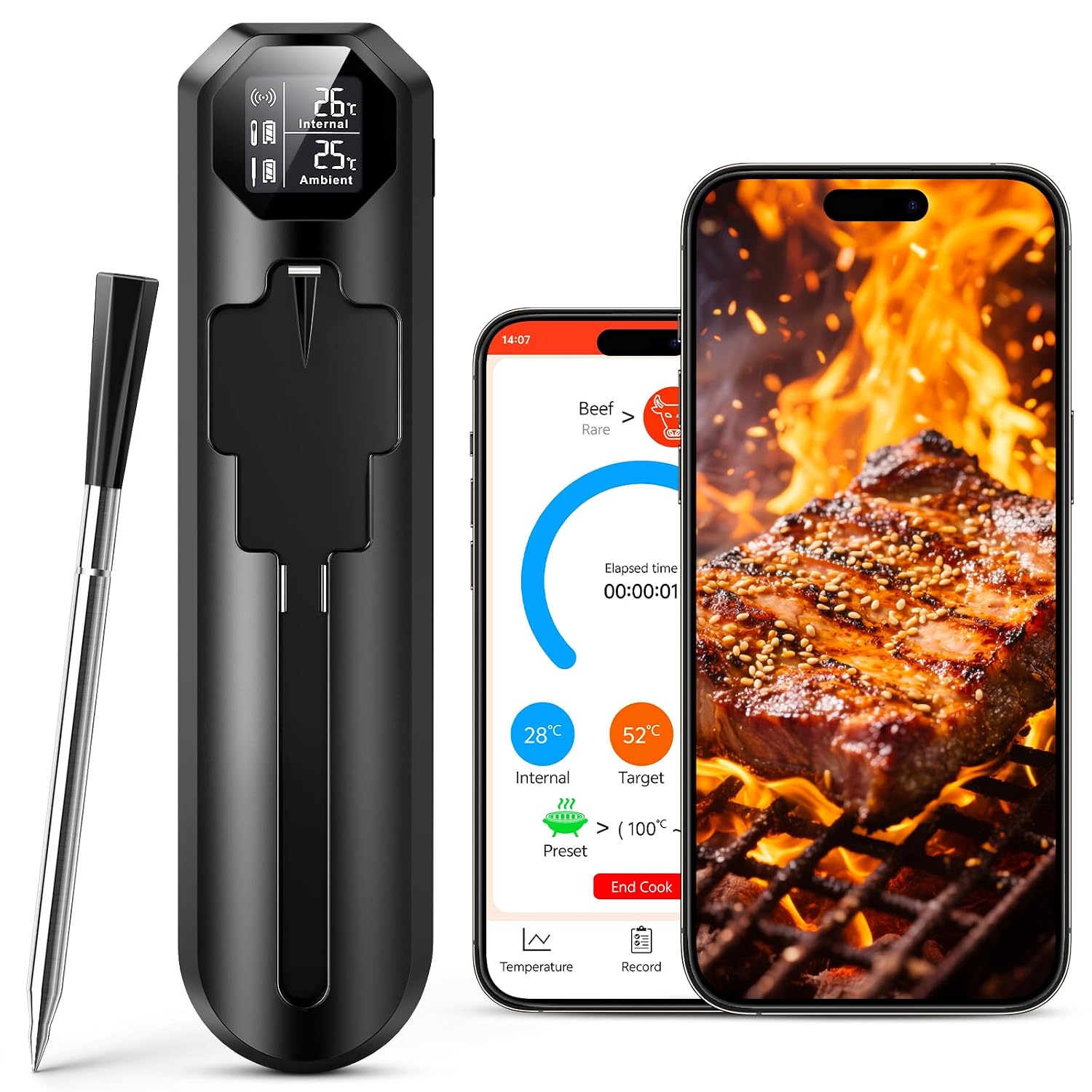 Meat Thermometer Wireless, Smart Grill Thermometer Bluetooth with App and Alarm, IP67 Waterproof, Oil-Resistant Roasting Thermometer, 150 m Meat Thermometer for BBQ Oven Grill…