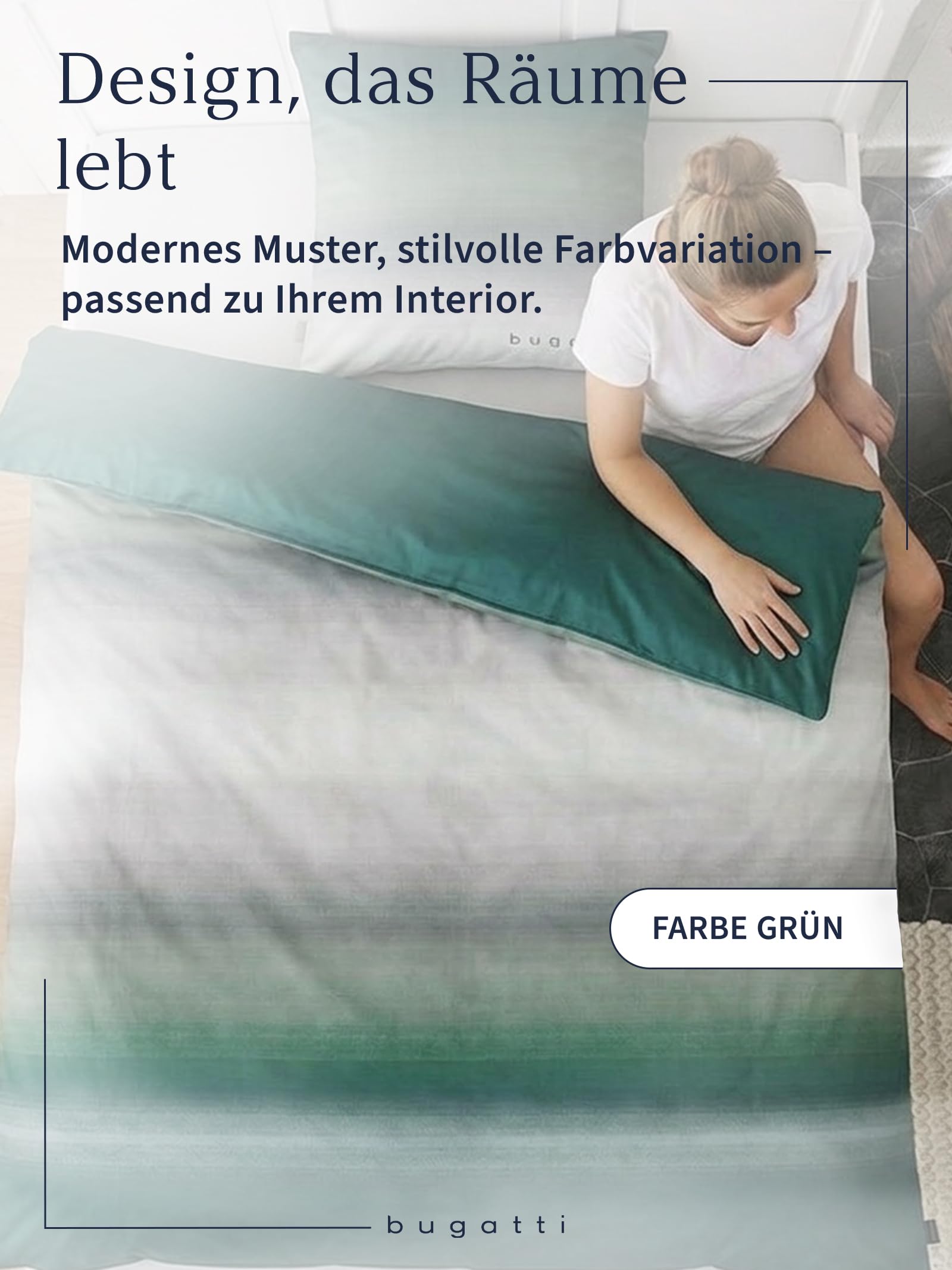 bugatti Bettwäsche 135 x 200 cm - 100% Baumwolle, Reißverschluss, anschmiegsam, weich & waschbar, Mako Satinbettwäsche gestreift grün grau