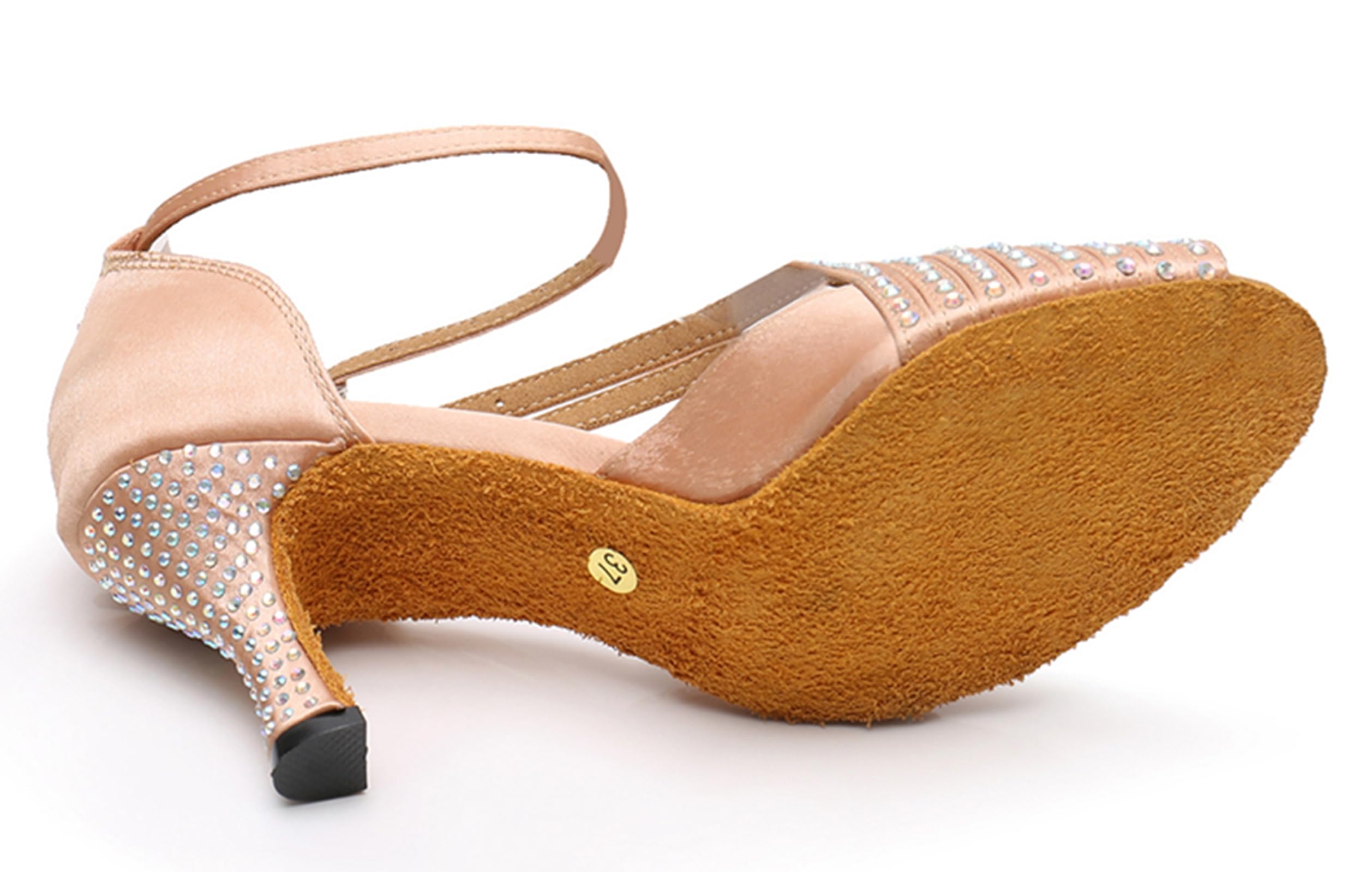 ZengyeZoo Latin Dancing Shoes for Women Ankle Strap Ballroom Dance Classes Heels Wedding Evening Sandals with Rhinestones X010A Nude US 3