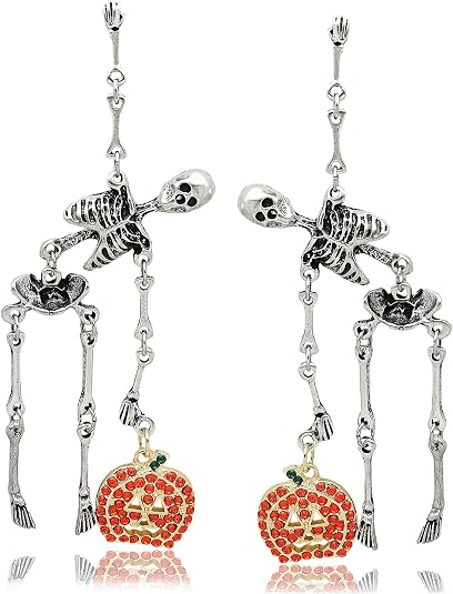 RechicGu Halloween Jointed Skeleton Pumpkin Earrings for Women Gothic Swing Hand Skull Dangle Earrings Crystal Pumpkin Earring for Halloween Costume Accessories Cosplay Jewelry Gift