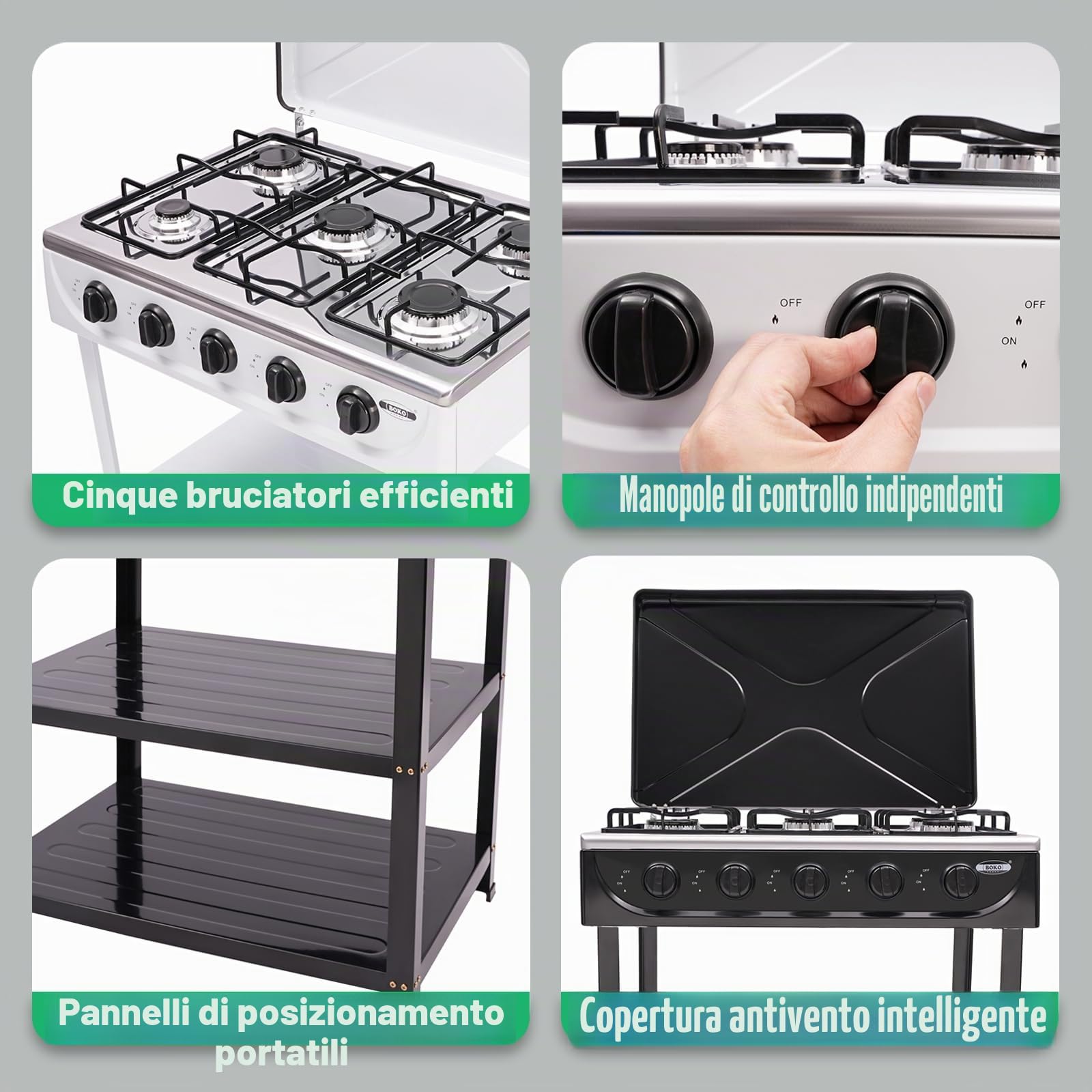 Fornello a gas portatile 5 fiamme, fornello a gas naturale da campeggio all'aperto, fornello BBQ da giardino con copertura antivento e base per camper, appartamento, cucina all'aperto (nero)