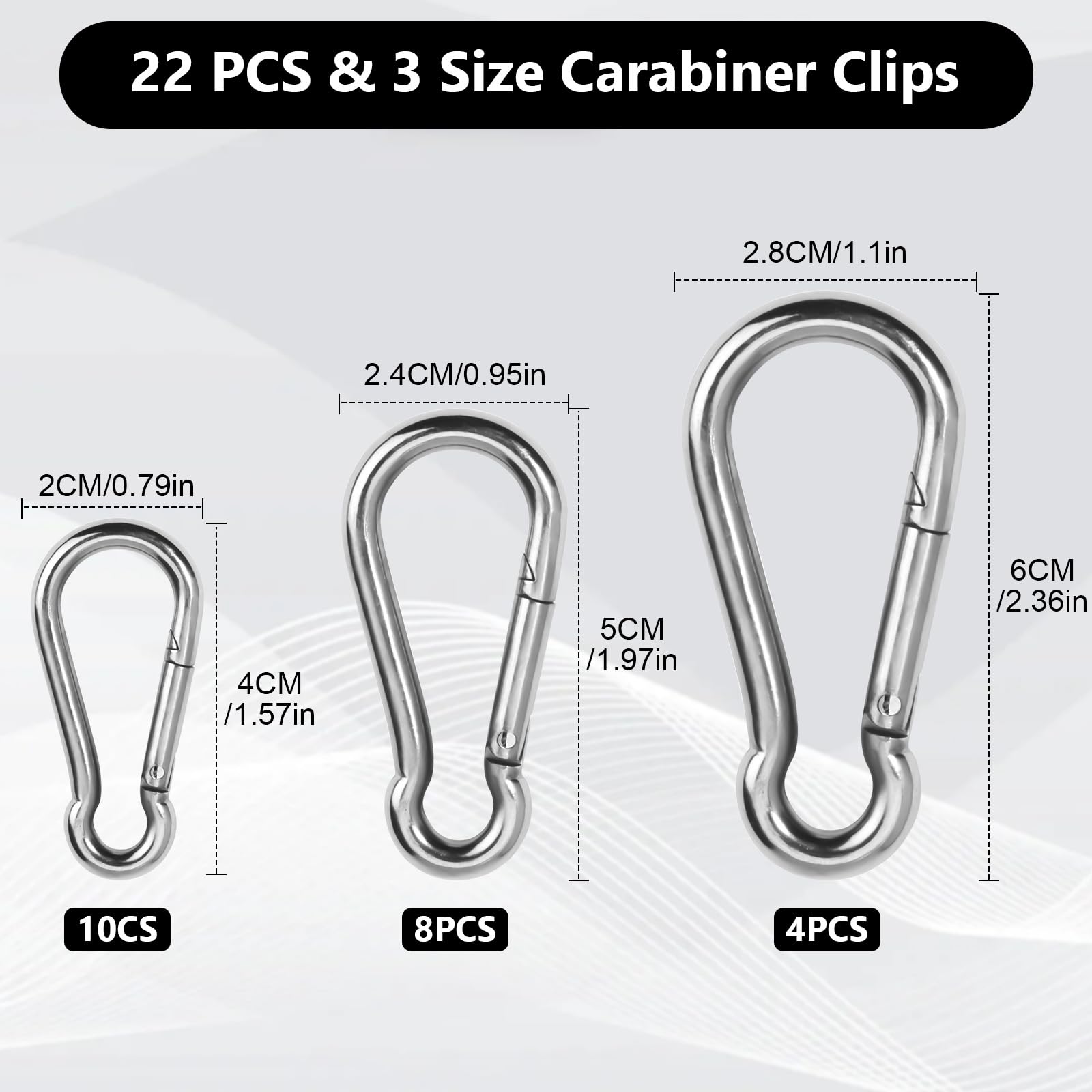 HavaCue 22 PCS Carabiner Clip, 3 Size Caribeana Clips, 4 * 40mm/5 * 50mm/6 * 60mm Carabiner Clip Heavy Duty - Image 2