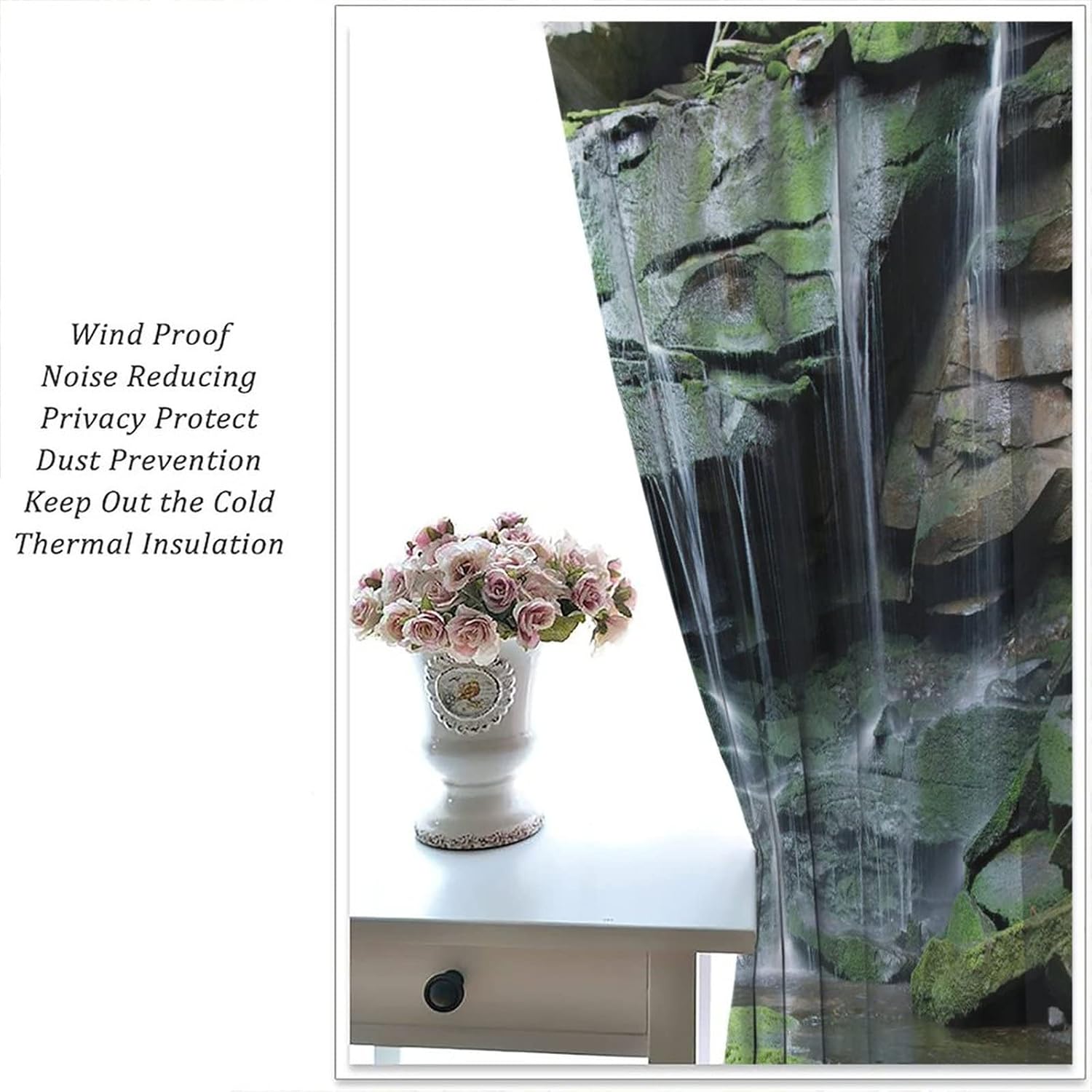 Forest Waterfall Blackout Windows Curtains, Rocky Waterfall to Pond Running Off Scenic Nature Themed Picture Print Curtains, for Living Room Bedroom 42x63in 2 Panels