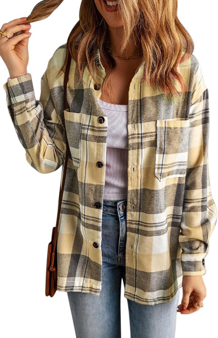 Womens Casual Flannel Plaid Shirts Oversized Lightweight Fall Shirt Coat Long Sleeve Button Down Shirts Blouse Tops - Image 3