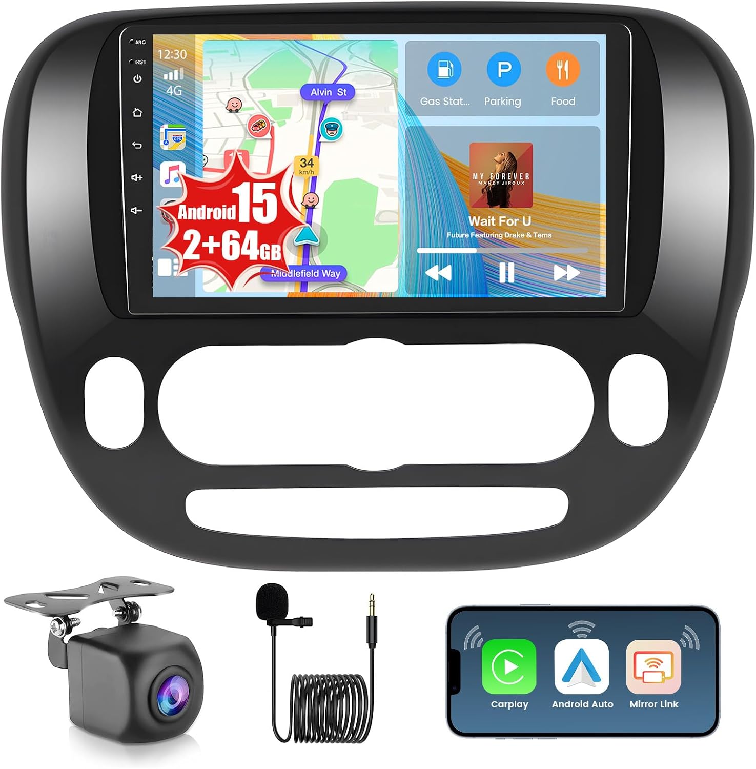 [2+64GB] Android 15 Car Stereo for Kia Soul 2014 2015 2016 2017 (Manual A/C), 9 Inch Touch Screen Car Radio with Wireless CarPlay Android Auto GPS Navi WiFi Bluetooth FM/RDS EQ 26UI AHD Backup Camera