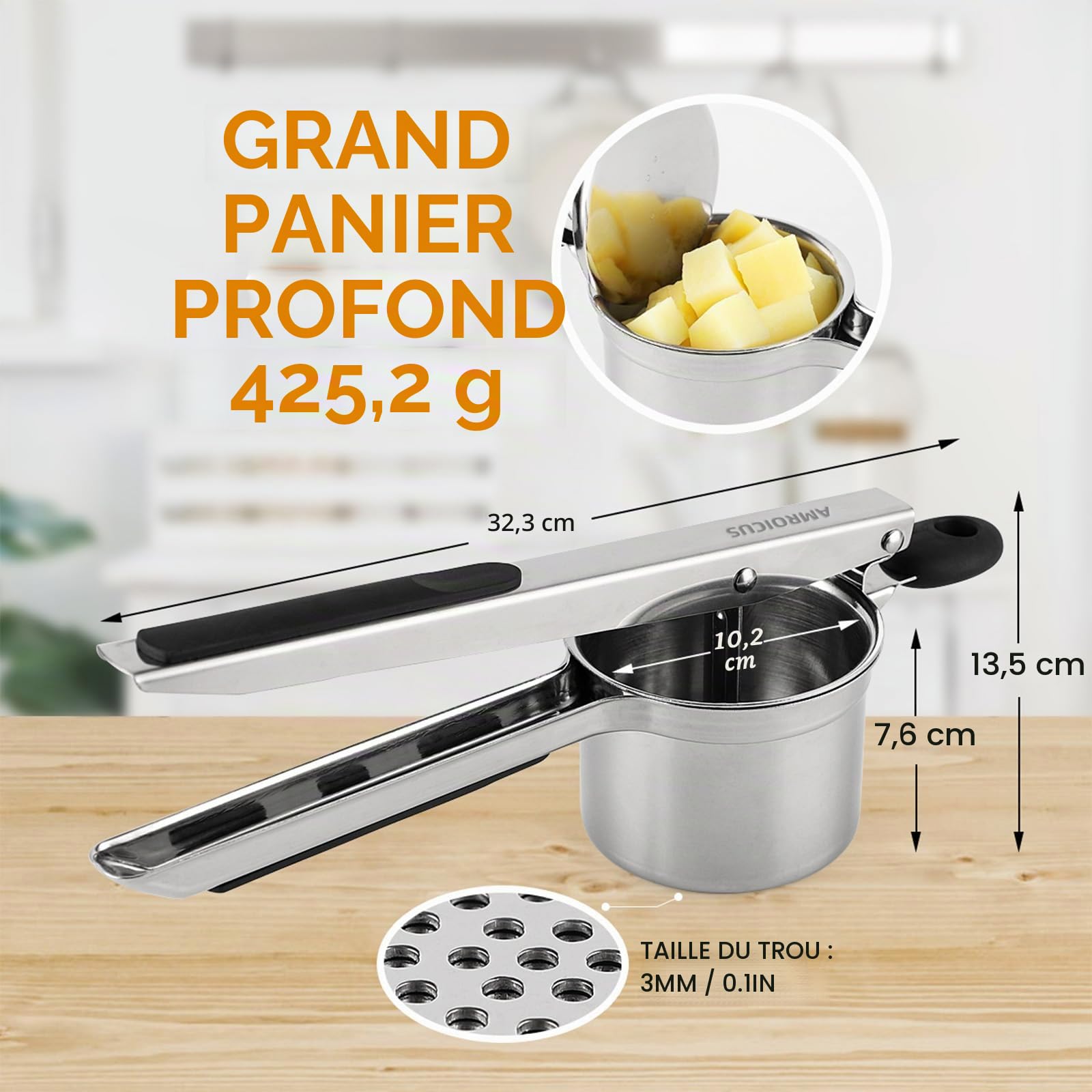 Presse-purée inox 450 ml fond perforé fixe, presse à pommes de terre grande capacité