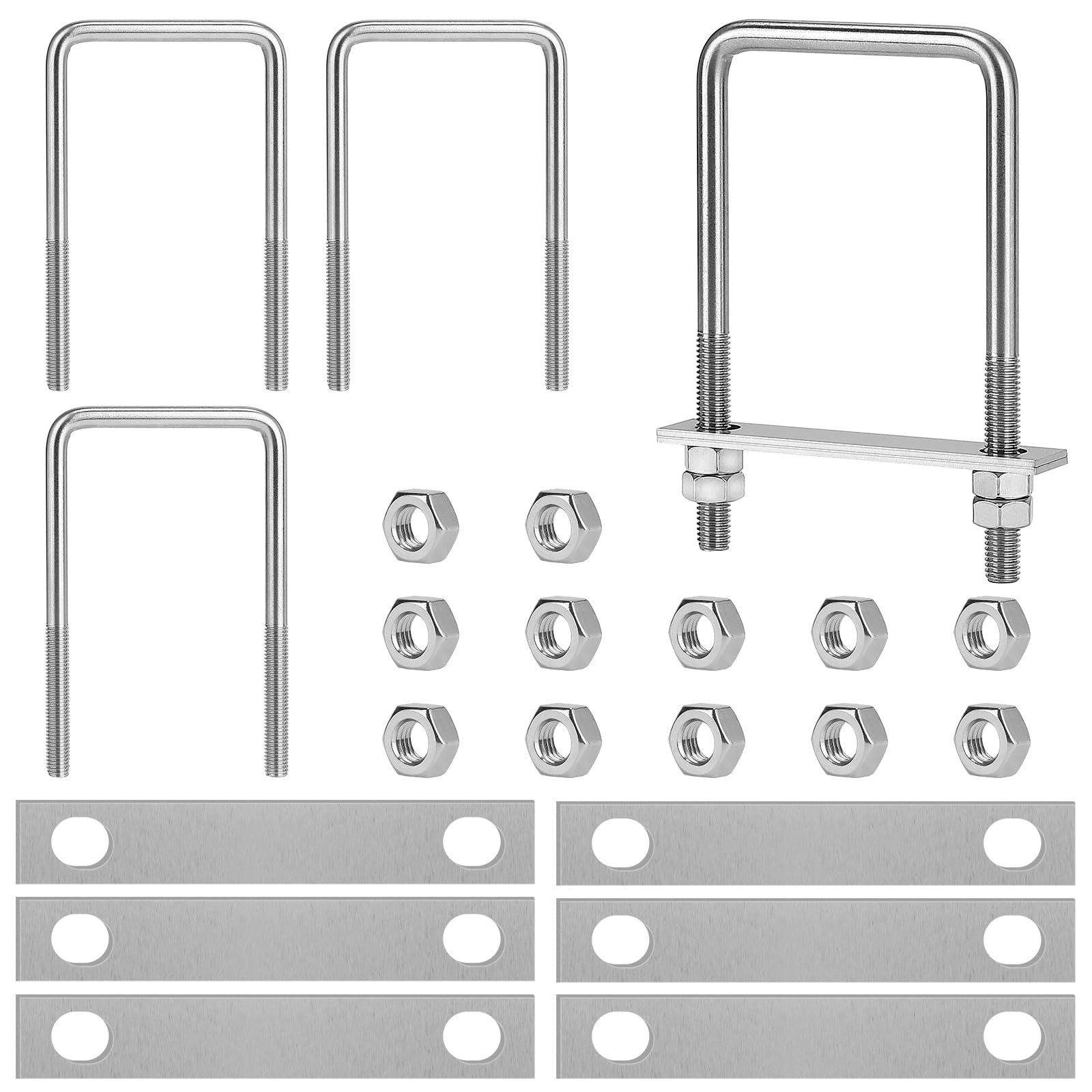 EFUTURETIME 4 x Bullone a U M10 Quadrato 80 * 150mm, Cavallotto di Fissaggio a U Acciaio Inox con 16 Dado e 8 Lamiera per Tubi, Industriali, Vita Quotidiana