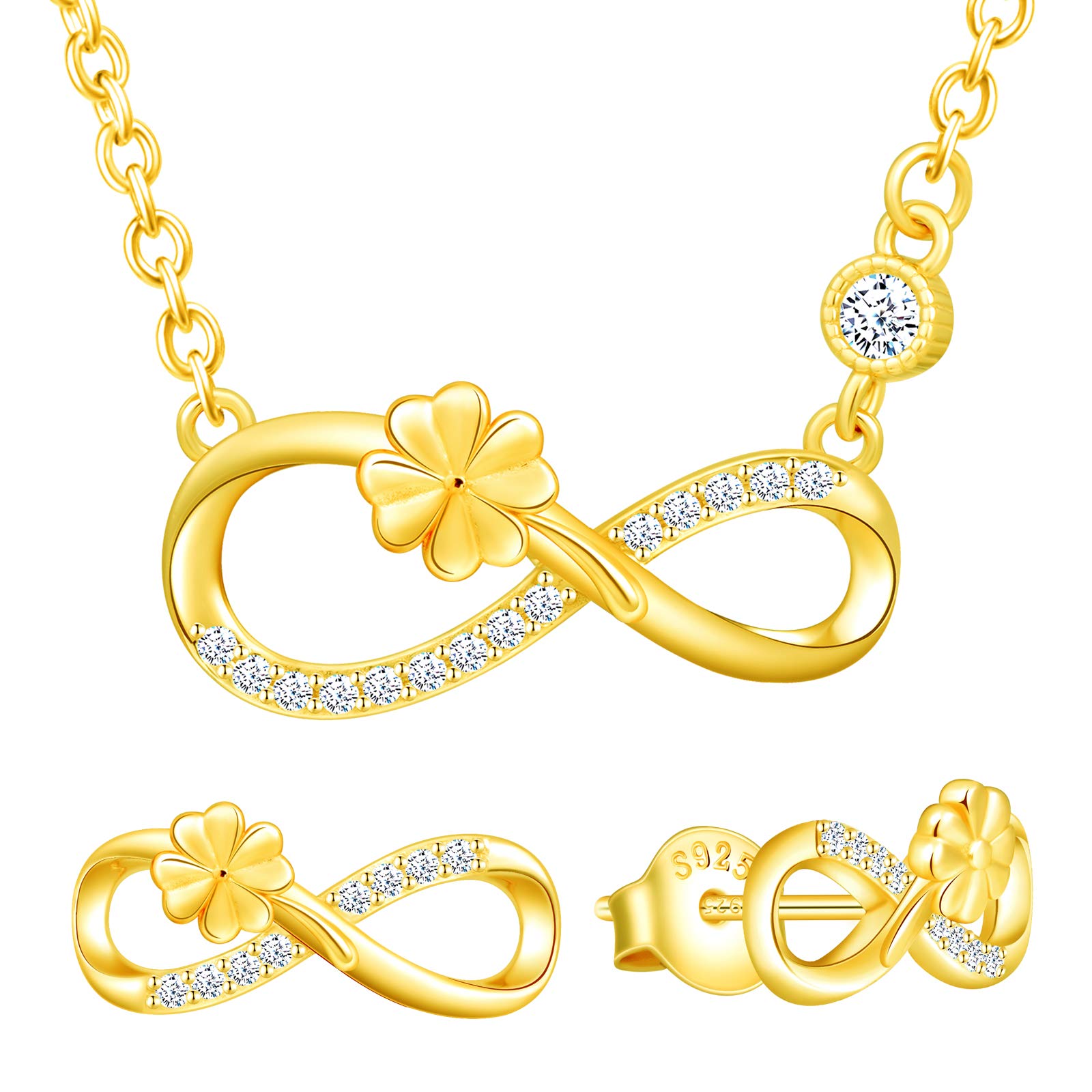 Yumilok Conjunto de collar y pendientes, collar con colgante de trébol de plata 925 y símbolo de infinito y pendientes, joyería para mujeres y niñas, incrustaciones de circonita cúbica