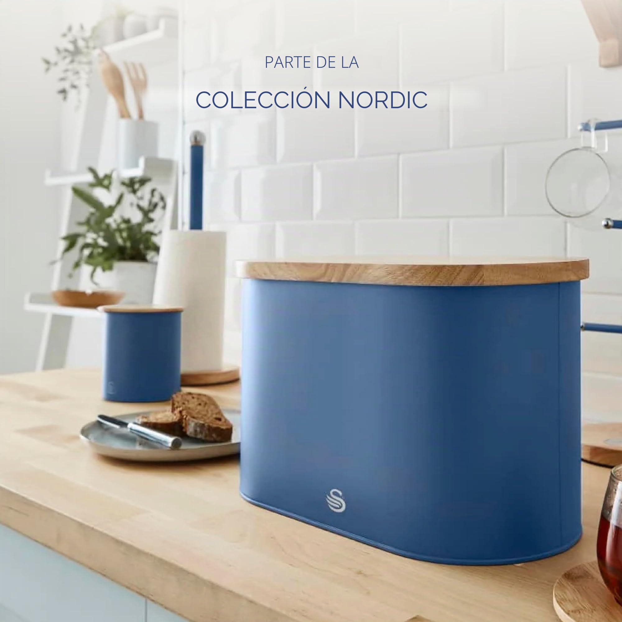Swan Nordic Panera de Mesa para Guardar, Tapa Tabla de Cortar de Bambú, Contenedor de Acero al Carbono para Almacenamiento de Pan y Bollería, Bread Bin, Diseño Moderno, Azul, Talla única
