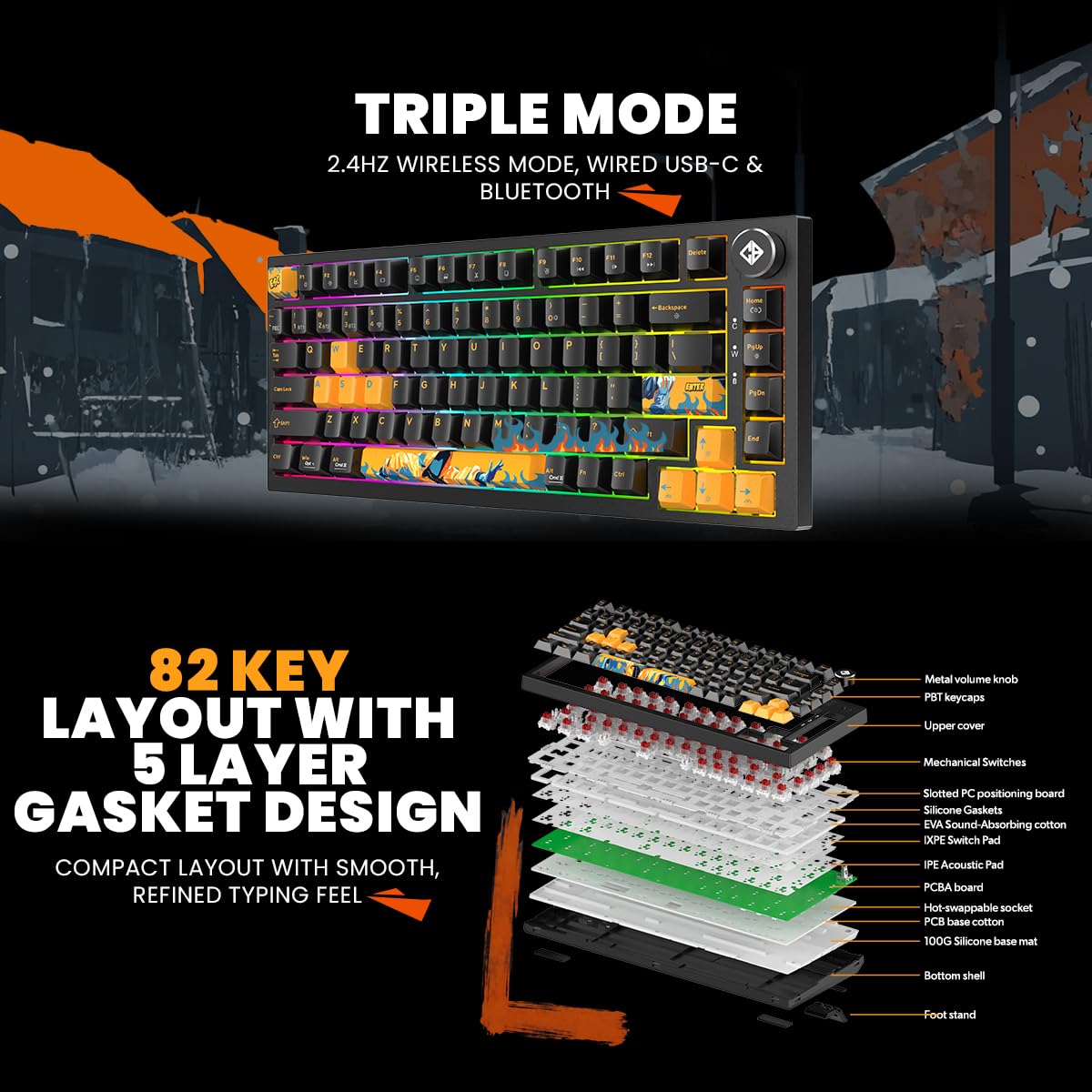 Cosmic Byte Phantom TKL Tri- Mode 2.4GHz + Bluetooth + Wired 5-PIN Hot Swap Mechanical Keyboard | PBT Keycaps | 5-Layer Gasket Mount | Pre-Lubed Outemu Red Switches | RGB | Software (Black) — Amazon image 3