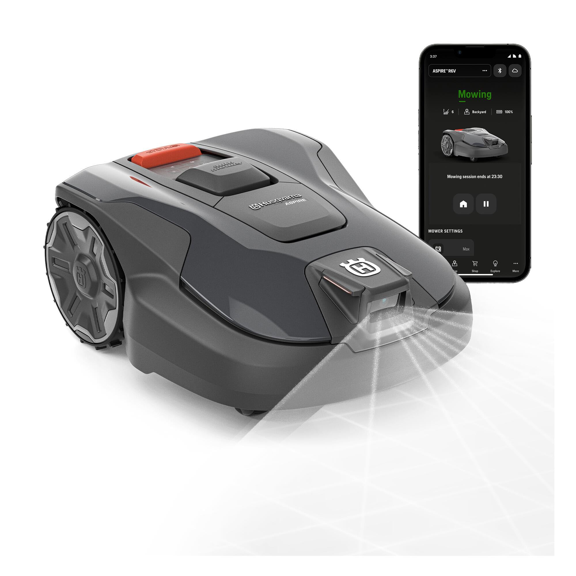 Husqvarna Automower® Aspire R6V Mähroboter ohne Begrenzungskabel | AI-Vision, GPS-Navigation. Für Rasenflächen bis zu 600 m² entwickelt - WiFi-Abdeckung benötigt