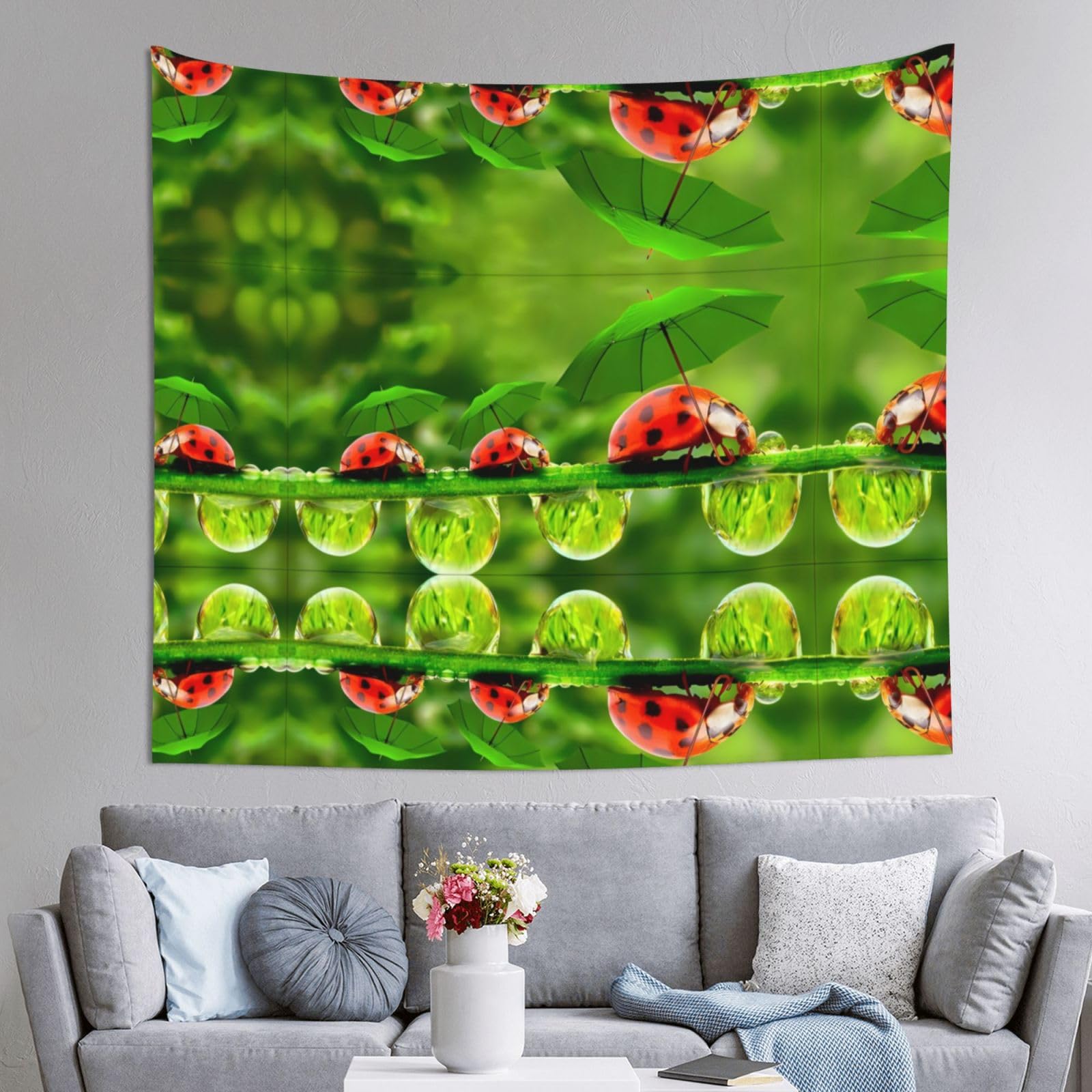 HLSBSSL 60x51in Funny Ladybug Holding Umbrellas Printed Tapestry Tablecloth for Dormitory and Picnic Rooms - Multifunctional Fabric Hanging