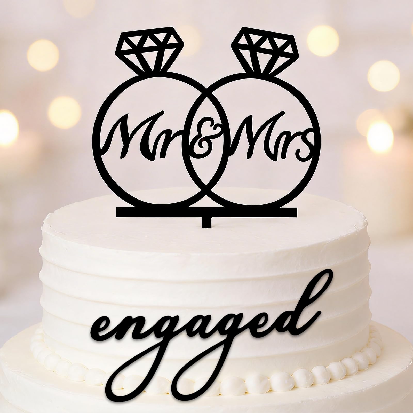 Acrylic Cake Toppers Set - Modern Wedding Cake Topper with Engaged Sign & Mr & Mrs Cake Decorations for Engagement Party, Bridal Shower (Black)