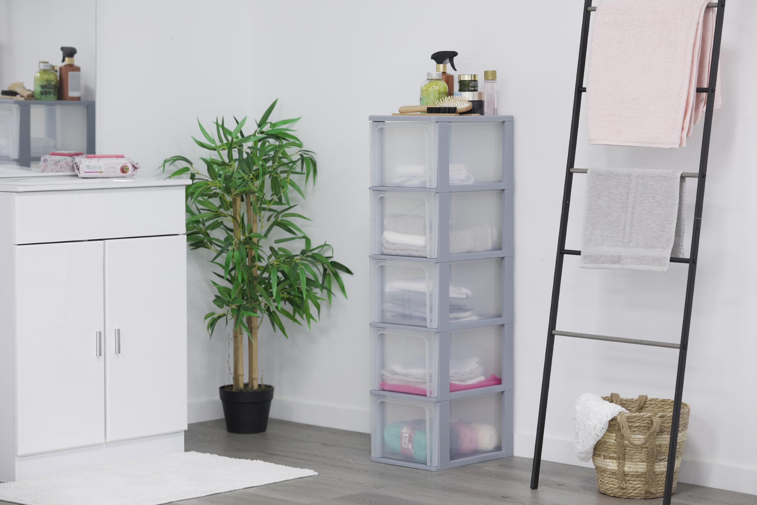 Iris Ohyama Cassettiera in Plastica, Portaoggetti, 5 Cassetti Grandi, Grigio, Apertura Facile, Formato A4, A5 e A6, Organizzatore, Per Ufficio, Scuola, Cartoleria, Senza BPA, Contenitore, OCH-2500