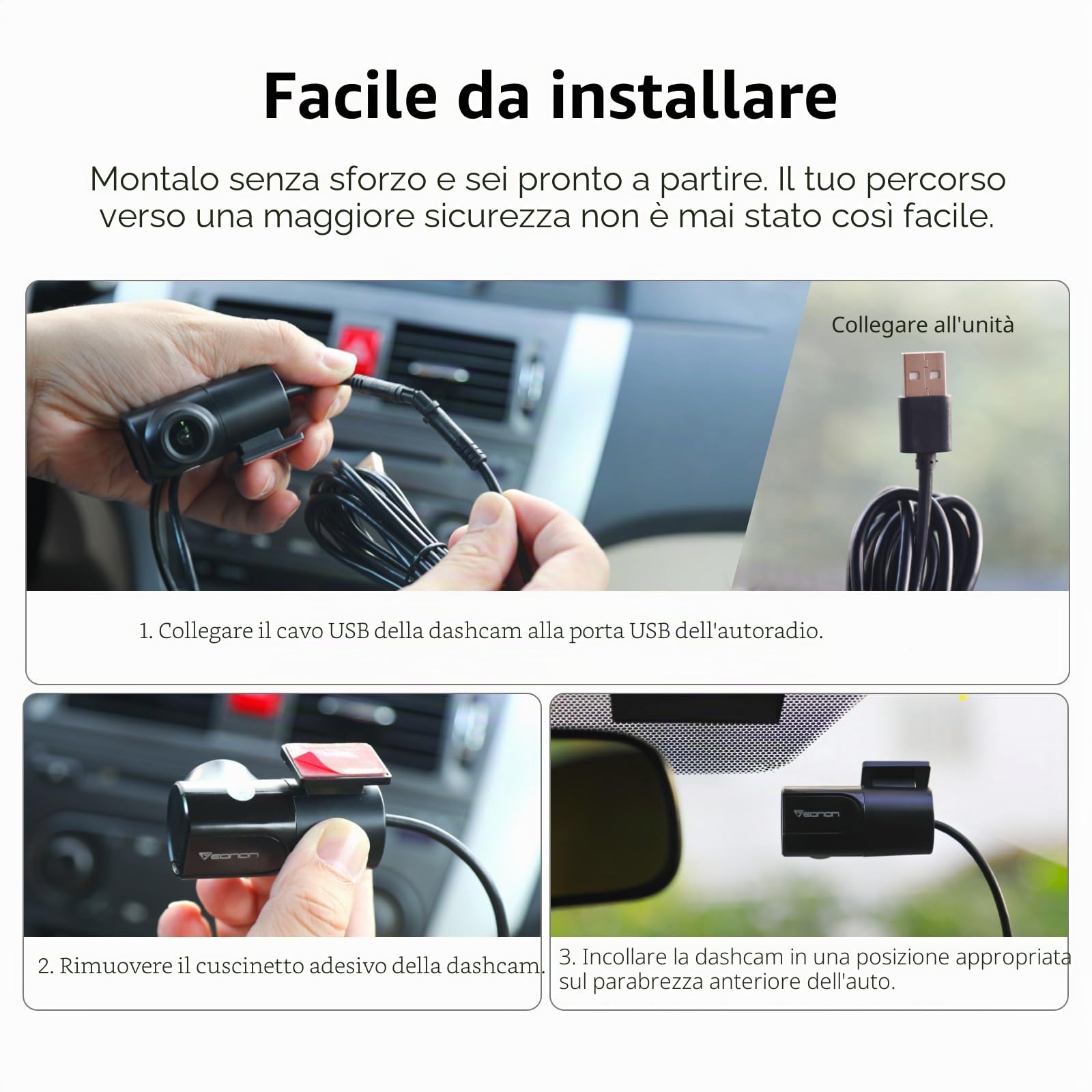 Eonon 1280×720p Dashcam USB registratore automatico per autoradio Eonon Android, mini dashcam, grandangolo, registrazione in loop 120° A100