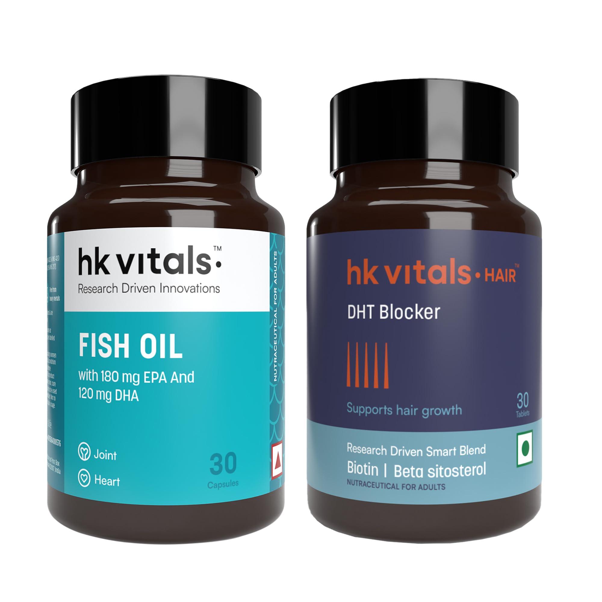 hk vitals Fish Oil Capsules,1000 Mg Omega 3 With120 Mg Dha & Dht Blocker With Biotin (30 Tablets Each) Combo Pack,2 Count