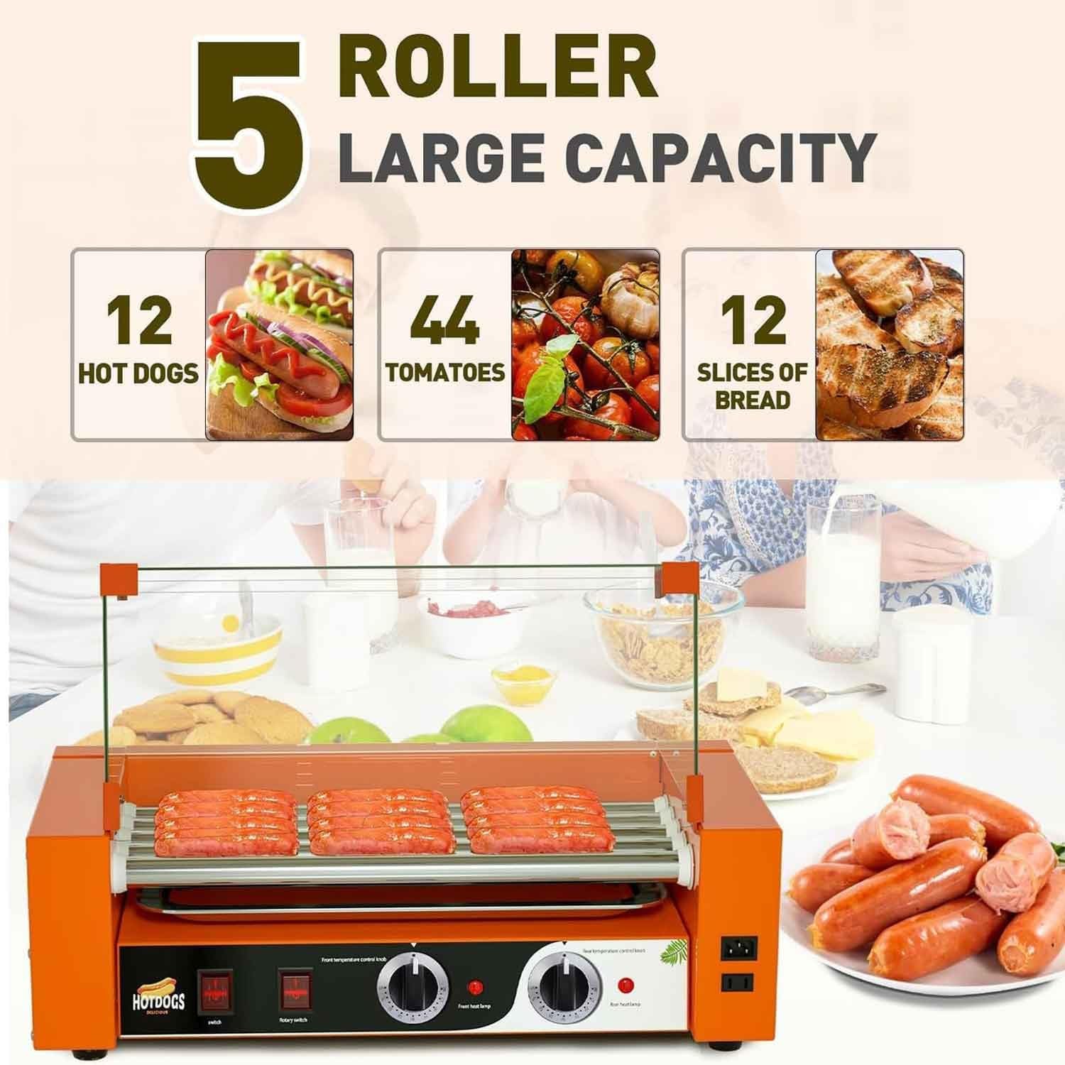 Hot Dog Roller Grill antiadherente, olla de salchichas de rodillo 5/7, 1000 W con bandeja de goteo extraíble y cubierta, control de temperatura dual de 0-250 ℃ para salchichas de desayuno