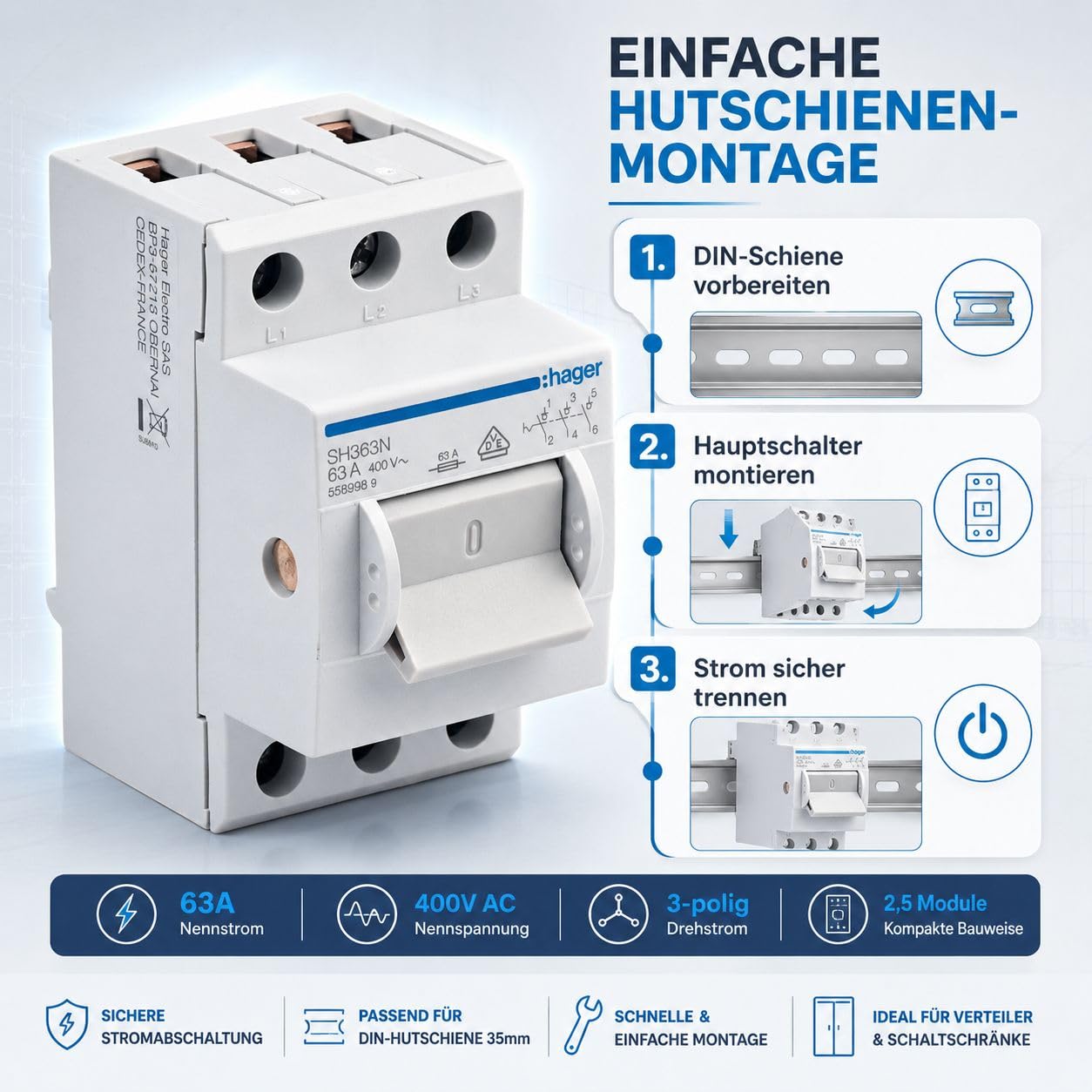 Hager SH363N Hauptschalter 63A 3-polig für Hutschiene, Ausschalter 400V AC, Kompaktschalter für Unterverteilung Hauptverteilung Schaltschrank DIN-Schiene 35mm 3x63 Ampere