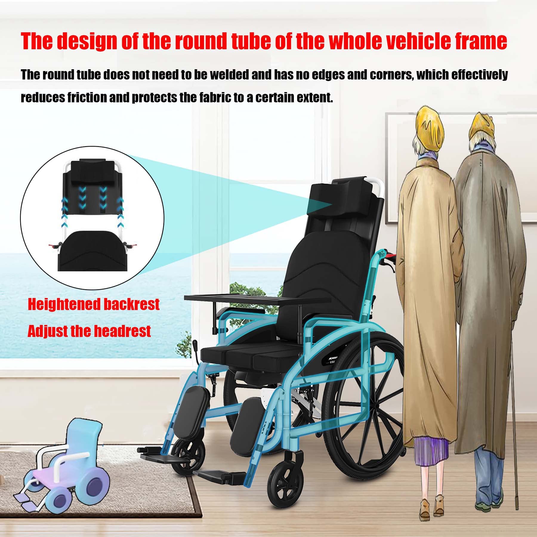 Silla de Ruedas reclinable Deportiva Liviana Silla de Transporte Plegable con Asiento de 18 Pulgadas reposapiés abatible Silla de Ruedas reclinable de 180 ° Silla de Ruedas para Adultos 24 "x 7"