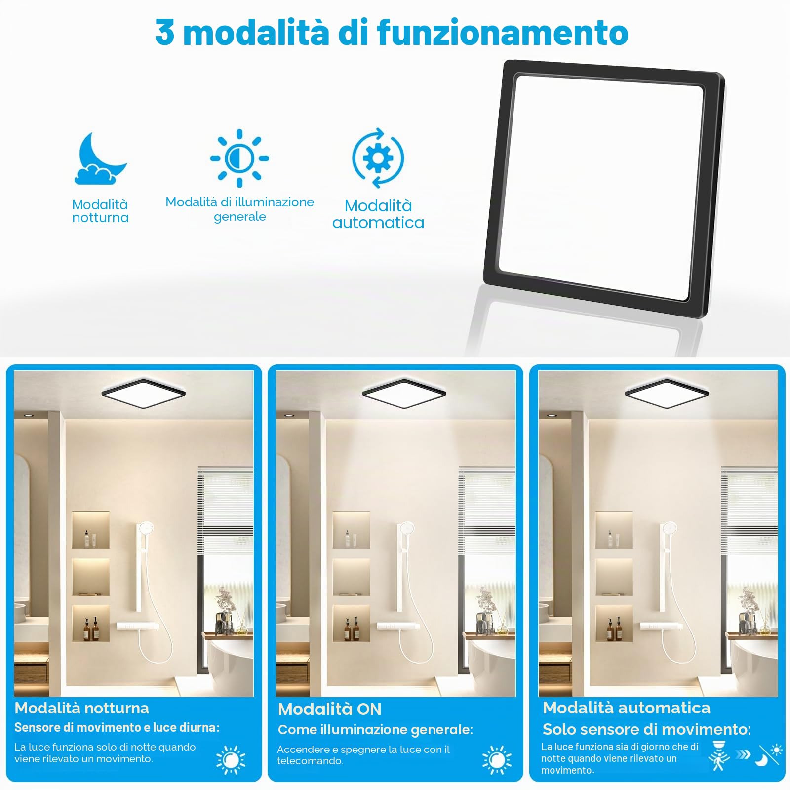 LEZOE Plafoniera LED con rilevatore di movimento, LED Radar lampada Sesor 24W 2400LM dimmerabile, sensore 3000K/4000K/6500K IP54 per bagno, garage, scale, cantina, corridoio, balcone 30x30x2,5 cm