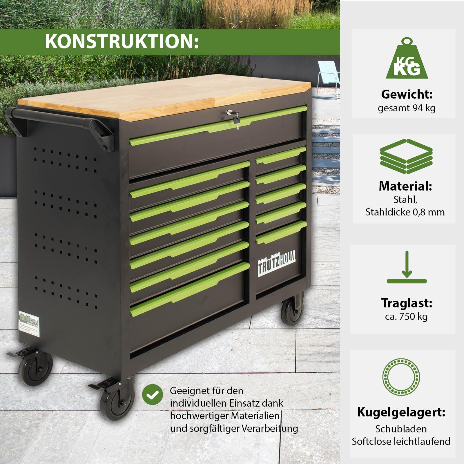TRUTZHOLM Werkstattwagen Star XL 12 Schubladen unbestück Hartholz-Arbeitsplatte schwarz/grün 103 x 112 cm mit Feststellbremsen, abschließbar