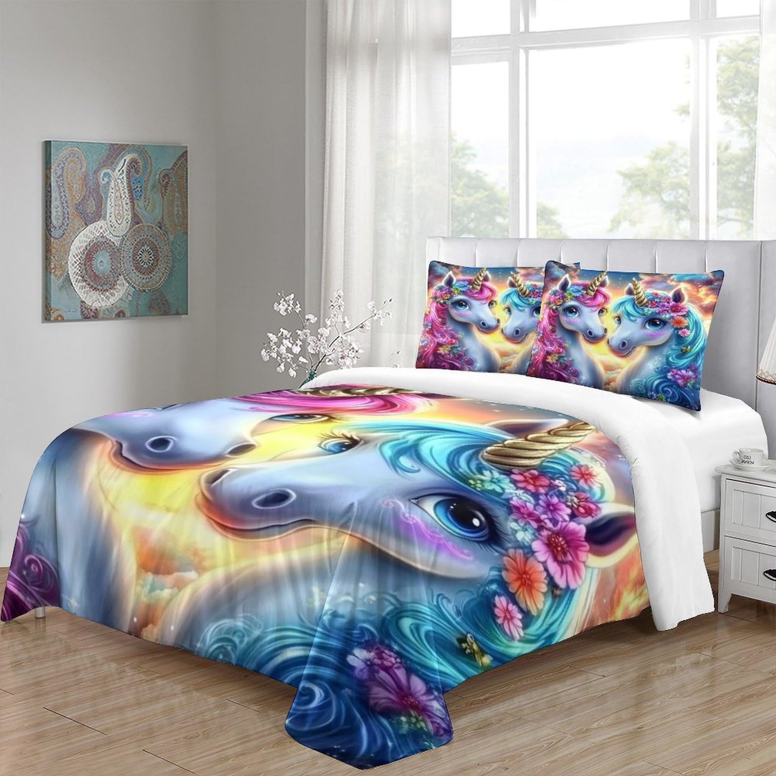 Einhorn-Pärchen 3D Bedruckt Deckenbezug 3teilig Mikrofaser leichtgewichtig Fantasie Deckenbezug 2 Kissenbezüge fleckenfest Kinder Jugendliche Super King（260x220cm）
