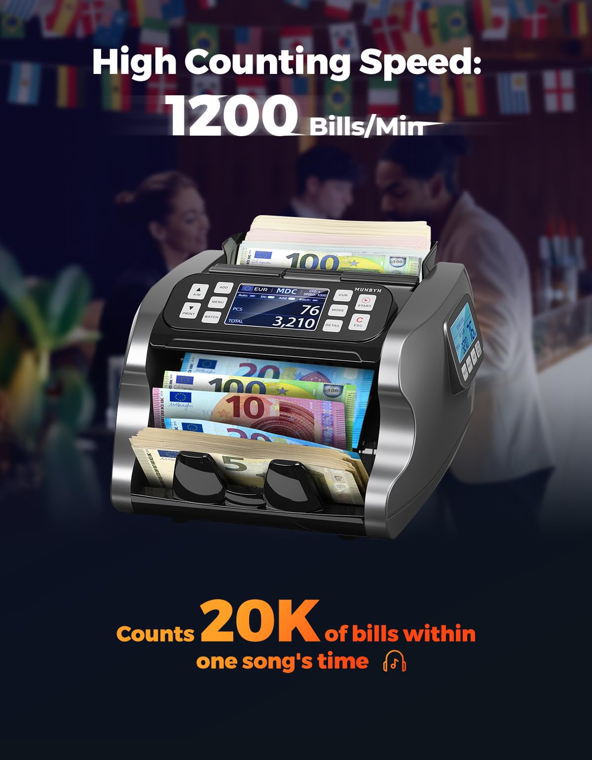 MUNBYN IMC22 Contadora de Billetes Mixto, Máquina Contar Billetes con Detector Falsos CIS/UV/IR/MG/MT, EUR USD CAD, 120 Divisas, Doble Pantalla