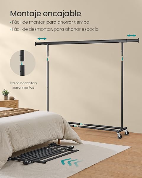 SONGMICS Burro Ropa con Ruedas, Perchero Burro Extensible con Carga Pesada, Capacidad de Carga Máx. de 150 kg, 45 x (160-200) x 161,5 cm, Fácil de Montar, Portátil, Negro HSR175B01 - 5