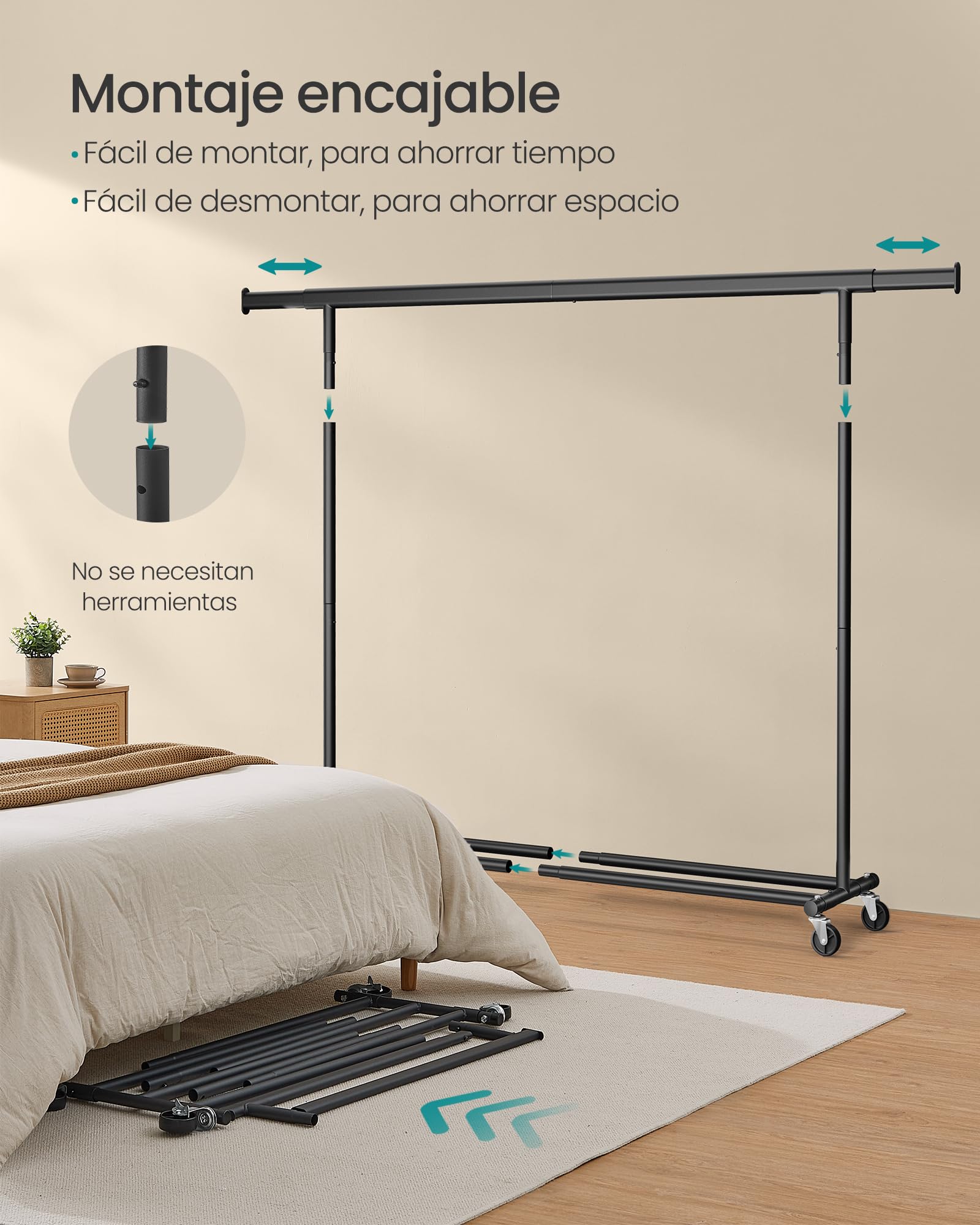 SONGMICS Burro Ropa con Ruedas, Perchero Burro Extensible con Carga Pesada, Capacidad de Carga Máx. de 150 kg, 45 x (160-200) x 161,5 cm, Fácil de Montar, Portátil, Negro HSR175B01 — view 5