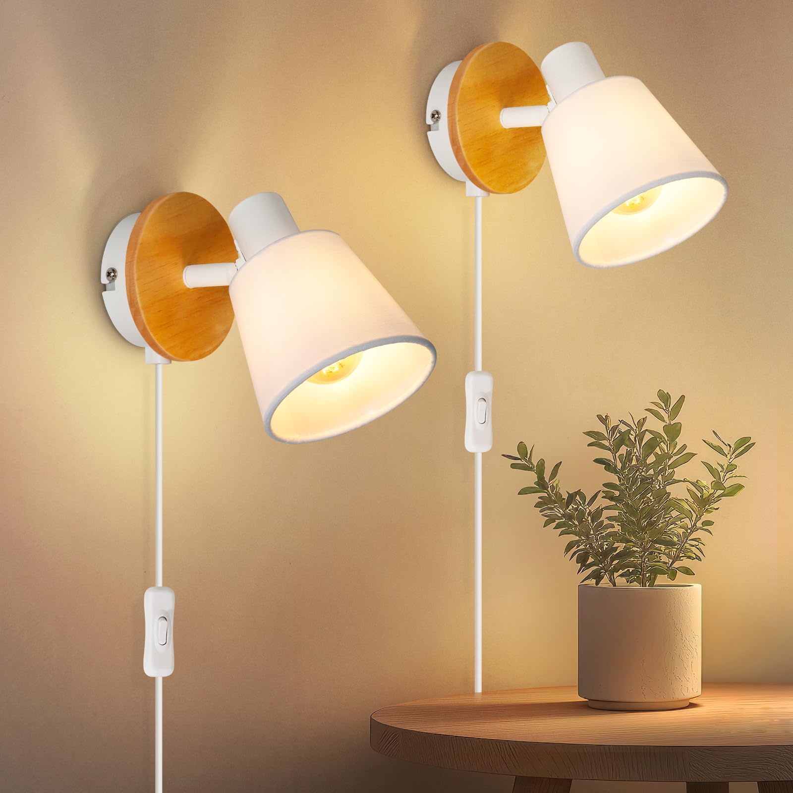 Ketom 2 Piezas Lámpara de Pared Interior, Blanco Aplique de Pared Retro, E14 Foco Giratorio y Ajustable, Lampara de Pared con Cable de Enchufe e Interruptor Para Dormitorio y Pasillo, Sin bombilla