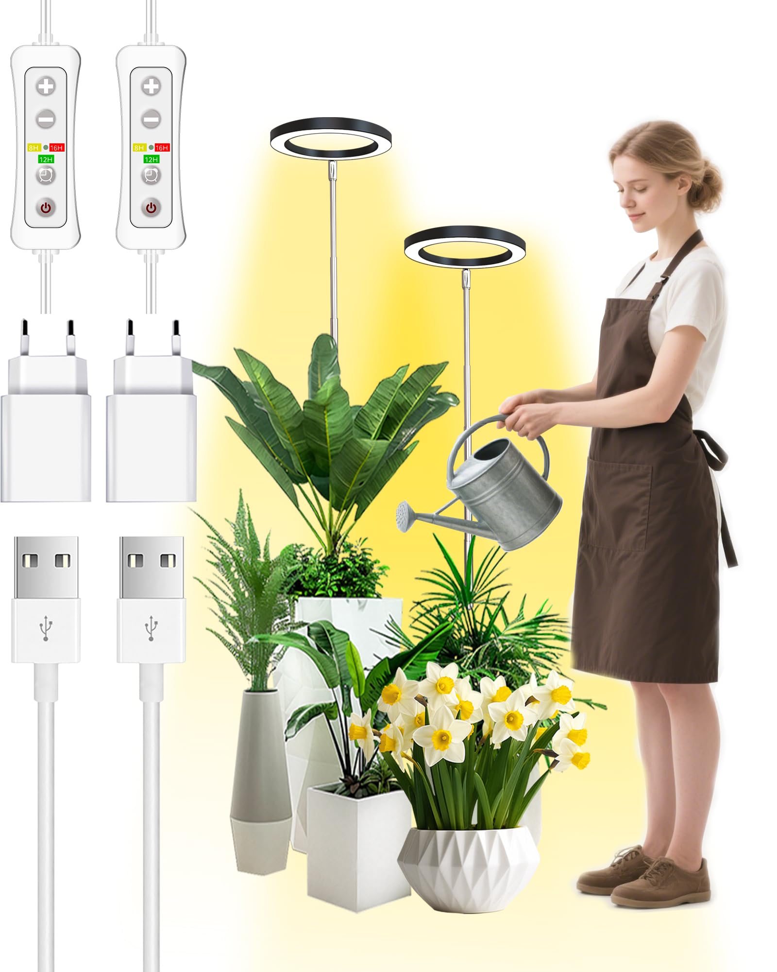 Wachstumslampe für Zimmerpflanzen LED Grow Light Full Spectrum,35~155cm Wachstumslampe höhenverstellbar,8/12/16Stunden Timer,10 Helligkeitsstufen,4 Meter Stromkabel,5V Adapter,Schwarz,2PCS