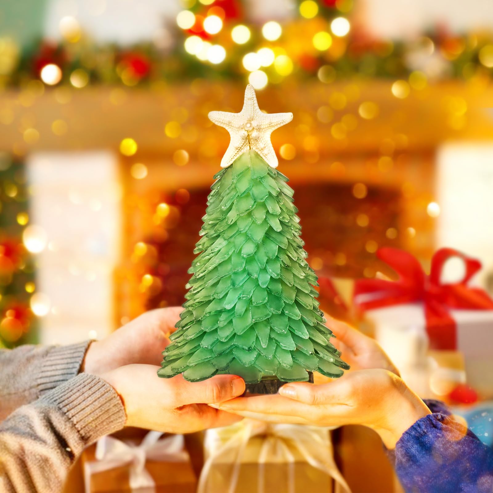 Árbol de Navidad de cristal de mar verde, mini árbol de Navidad hecho a mano, centro de mesa, ideal para Navidad, Año Nuevo, decoración del hogar, decoración de vacaciones costeras y más