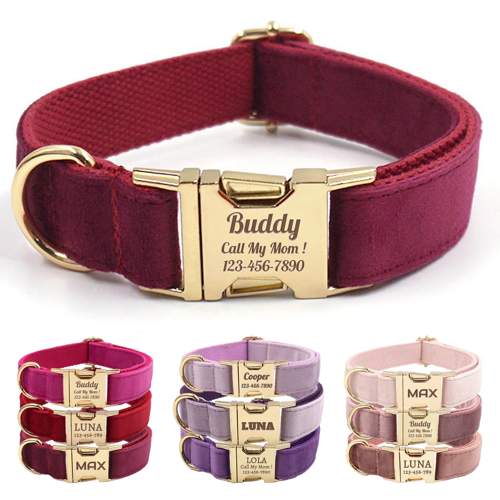 Collier personnalisable en velours bordeaux pour sublimer les promenades de votre chien