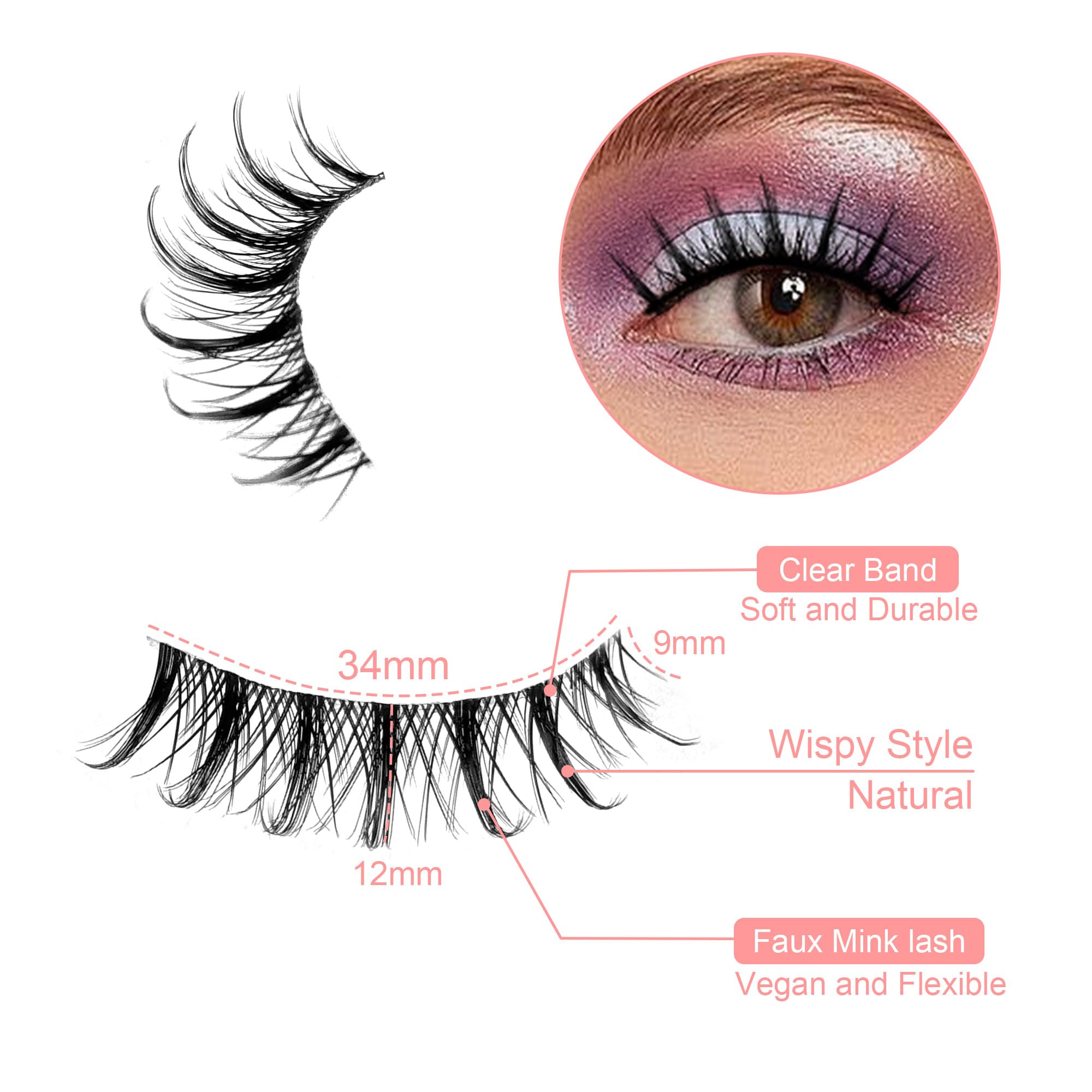 Manga Lashes Yasnai Wispy Natural Look Lashes Anime Sztuczne rzęsy Kocie Oko Objętość Rzęsy Sztuczne Rzęsy 13 mm Kolczaste Koreańskie Japońskie Azjatyckie Cosplay 3D Rzęsy Oczu Opakowanie 7 par