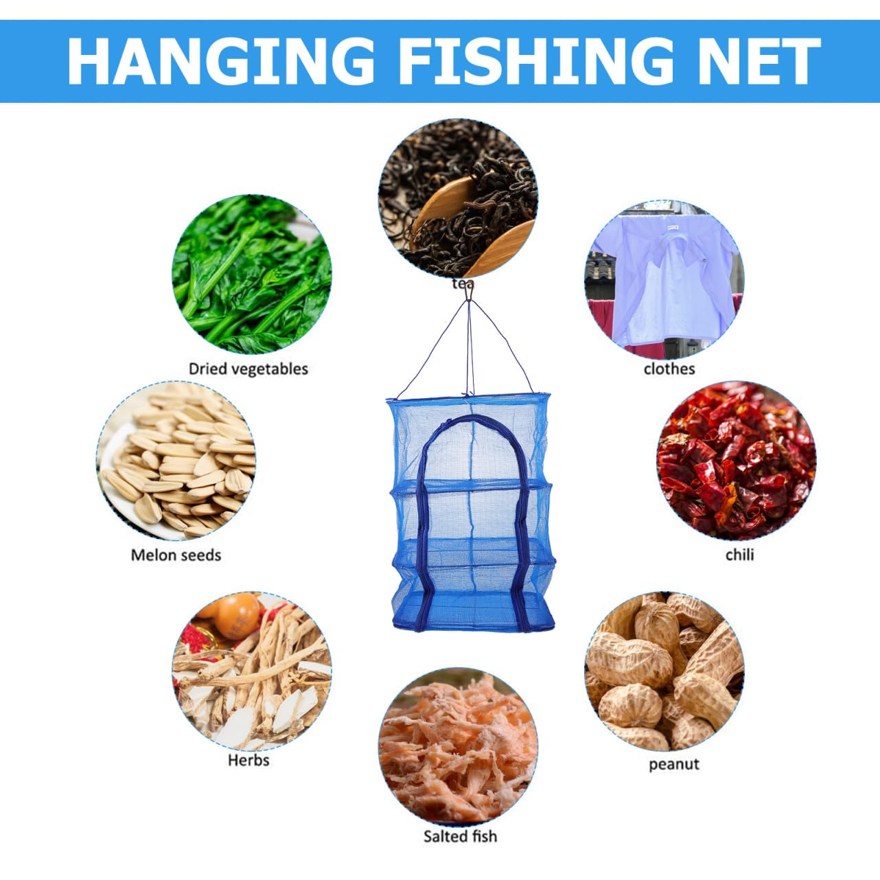 BESPORTBLE Foldable Fish Cage Fruit Dryer Hanging Clothes Drying Rack Laundry Drying Rack Hanging Drying Net Zipper Drying Rack Folding Fish Mesh Nylon Blue Shrimp Fish Drying Net