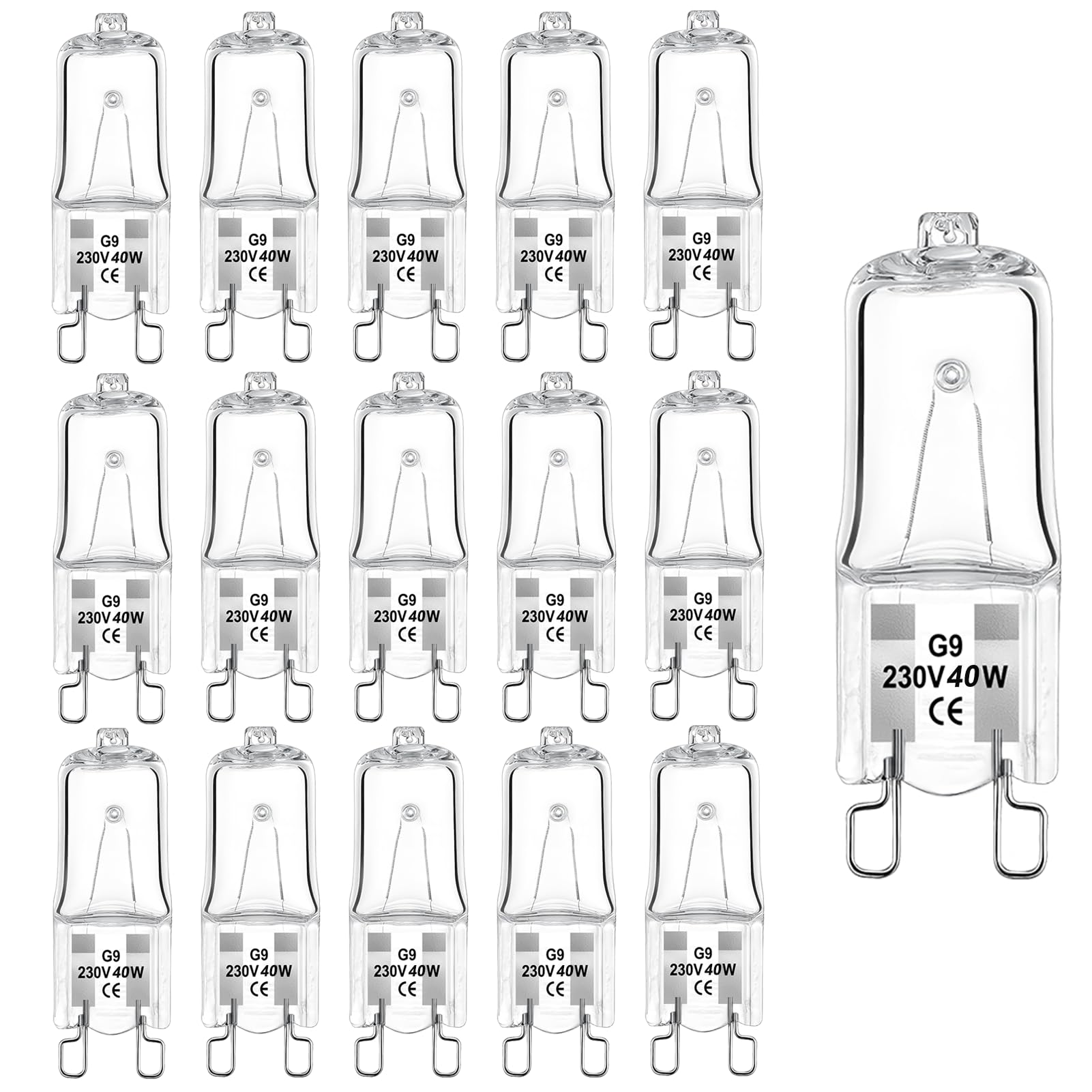 16 Pack G9 Halogen Light Bulbs, 40W 230V 2800K Dimmable Halogen Bulbs Two Prong Clear Capsule Lamps Warm White Wax Burner Bulbs for Plug-in Melt Burners Cooker Hood Oven Lamps Nightlights Warmers