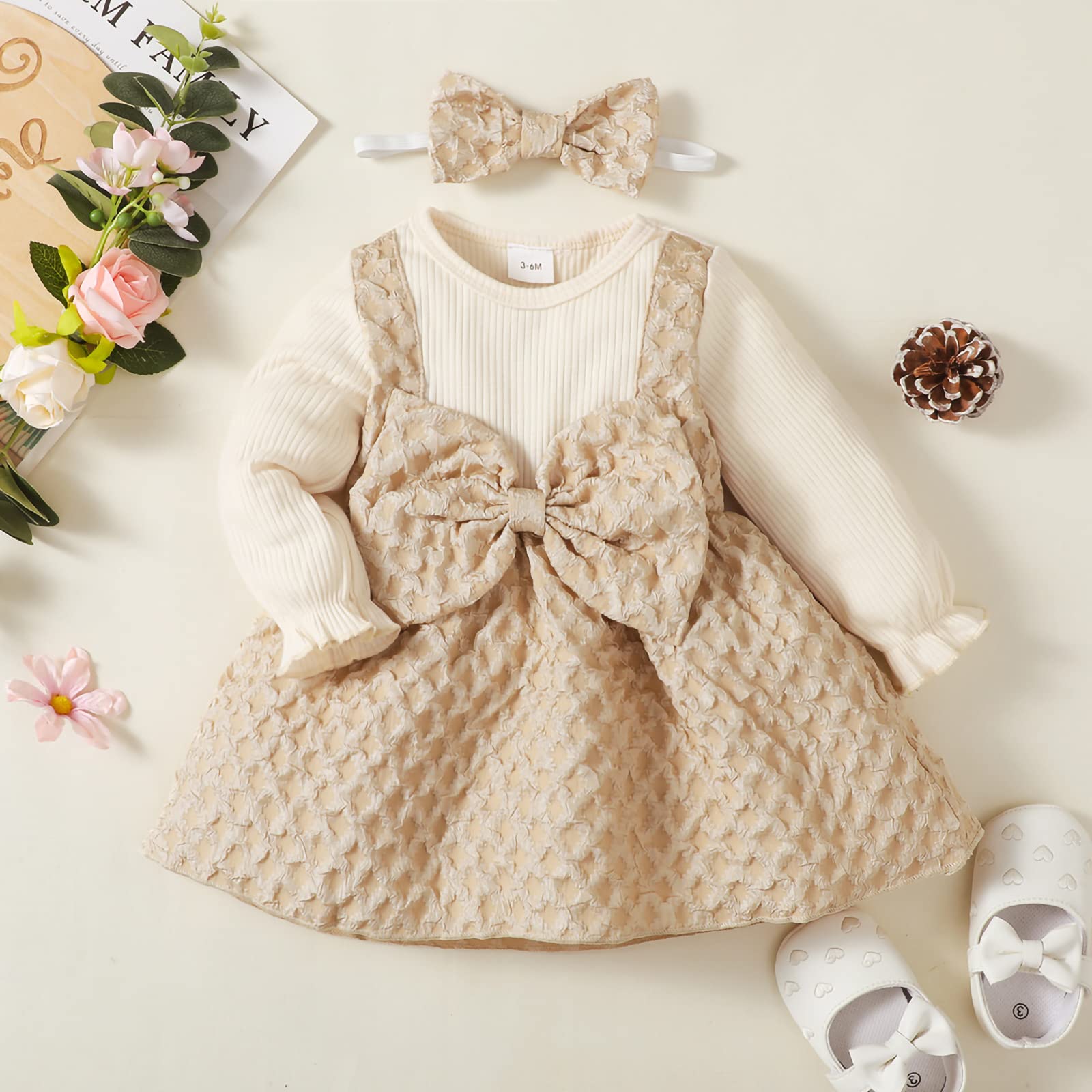 VISGOGO Infant Baby Girls Plaid Dress Ruffles Long Sleeve Buttons Square Neck A-line Dress Fall Winter Clothes (Bow, 3-6 Months)