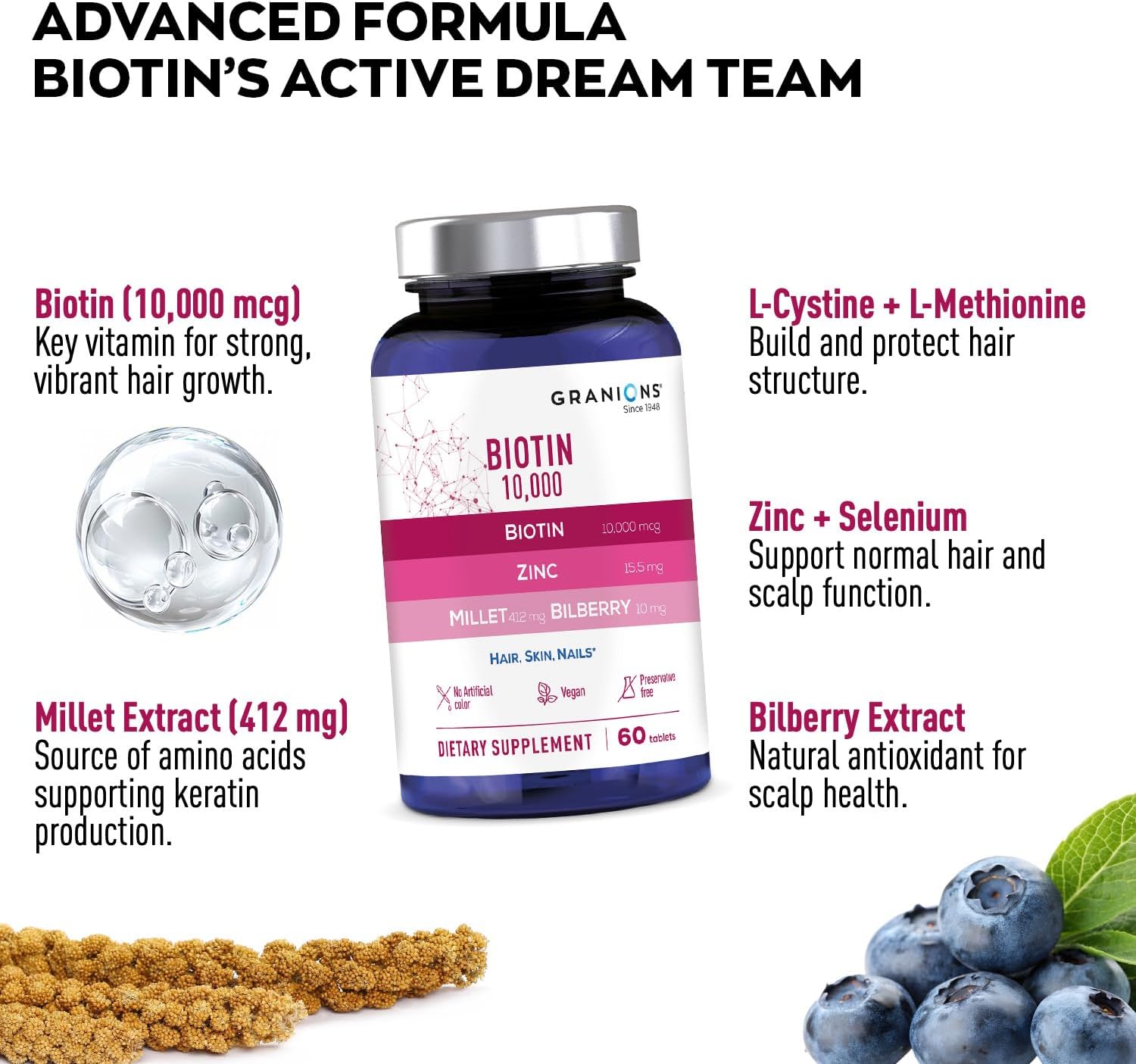 Granions Biotin 10,000 mcg Hair, Skin and Nails Pills - Extra Strength Biotin Complex with Zinc, Selenium, Millet, Bilberry, Aminos - Hair Growth Vitamins Supplement for Women & Men - 60 Tablets