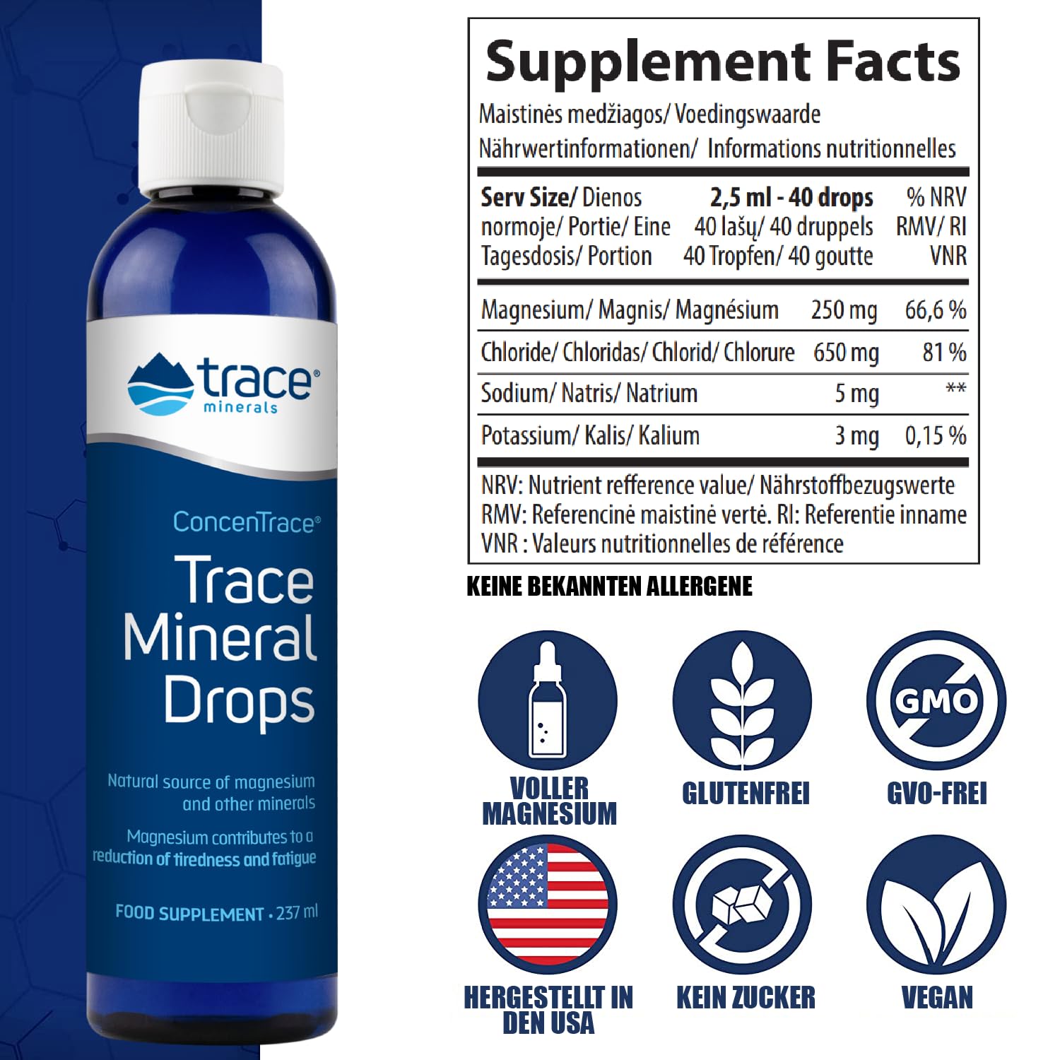 Trace Minerals ConcenTrace Tropfen | 72+ Mineralien, ionisches flüssiges Magnesium, Chlorid, Kalium | Niedriger Natriumgehalt | Energie, Elektrolyte, Hydratation (237 ml x 2) | 2 Pakete
