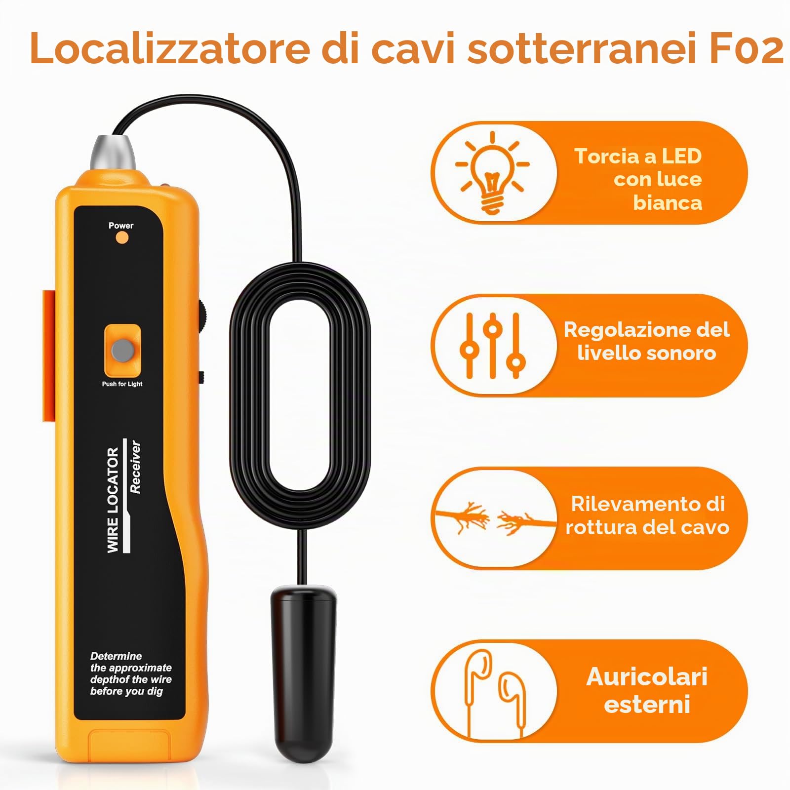 F02 Localizzatore di cavi sotterranei, tracciatore di fili con auricolari per la localizzazione di fili e cavi, tester per cavi di recinzione per animali domestici, fino a 2-3 metri di profondi