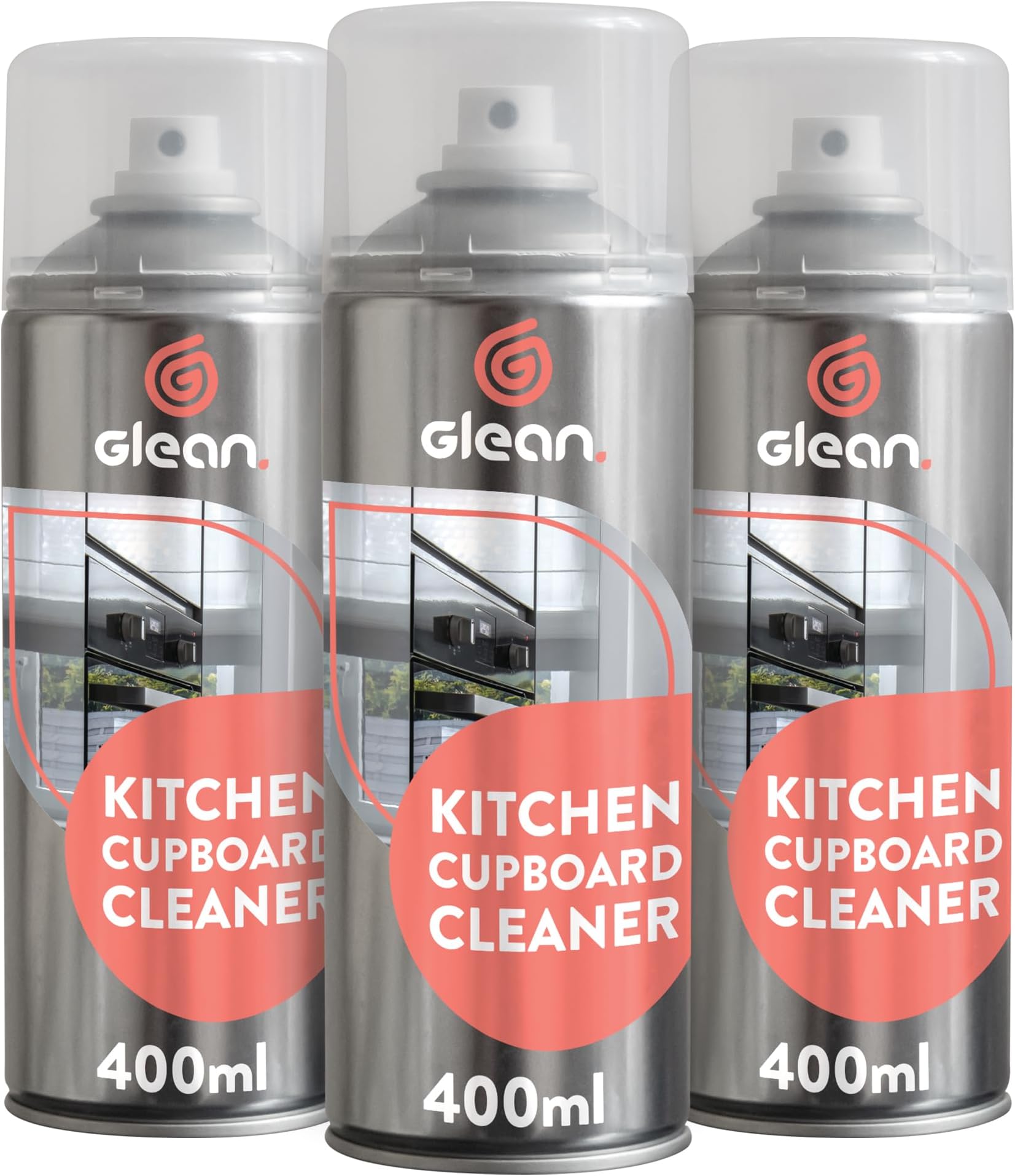 GLEAN Kitchen Cupboard Cleaner | 3 x 400 ml | Cleans & Protects High Gloss, Plastic & Laminate Cabinets | Anti-Static Foaming Spray for Cleaning Kitchen Cabinets | Streak-Free Shine