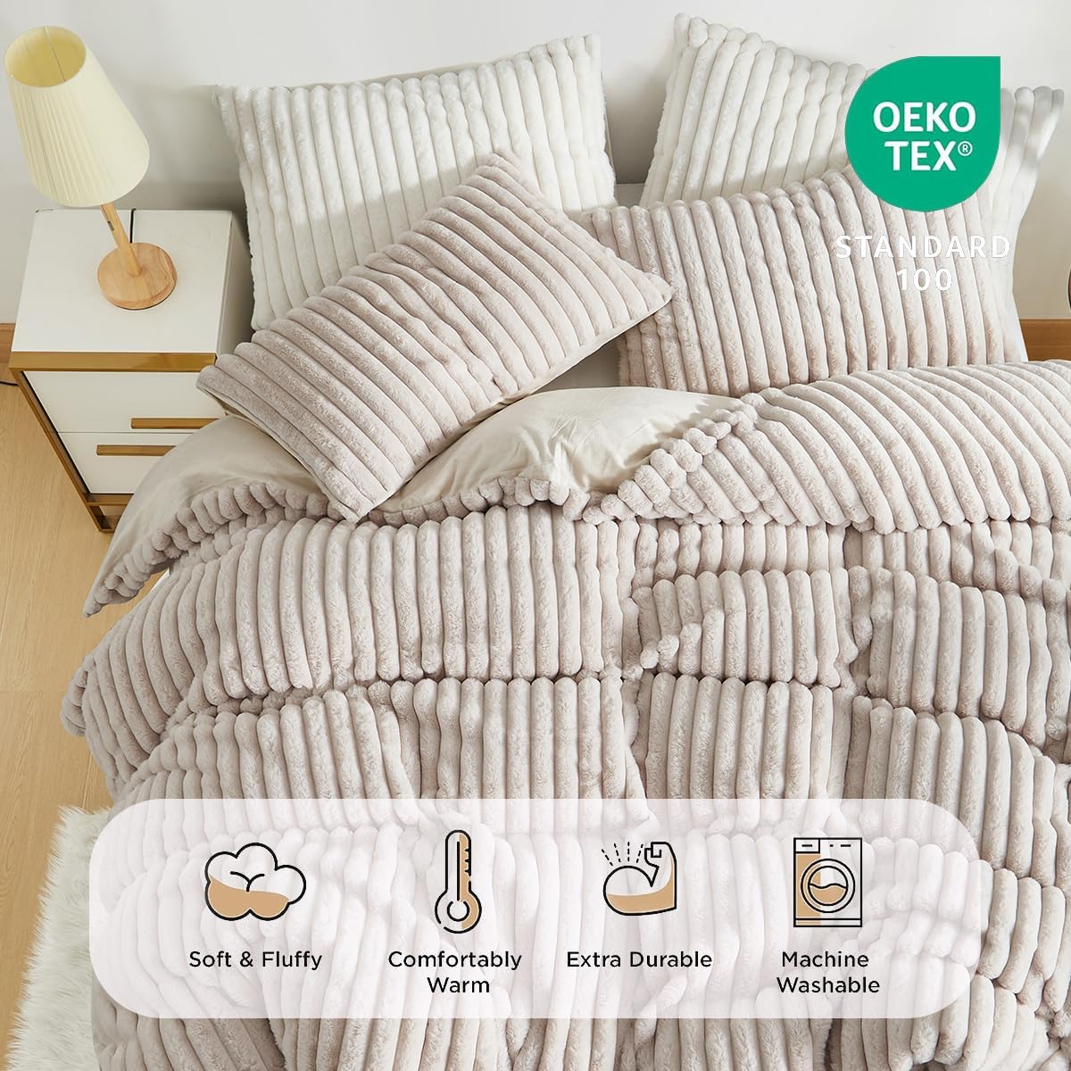 Nayoroom Fluffy Faux Fur Duvet Cover Queen Size Velvet Flannel Beige Striped Reversible Comforter Cover Winter Warm 3 Pcs Luxury Soft Shaggy Plush Fuzzy Bedding Set with Zipper Closure