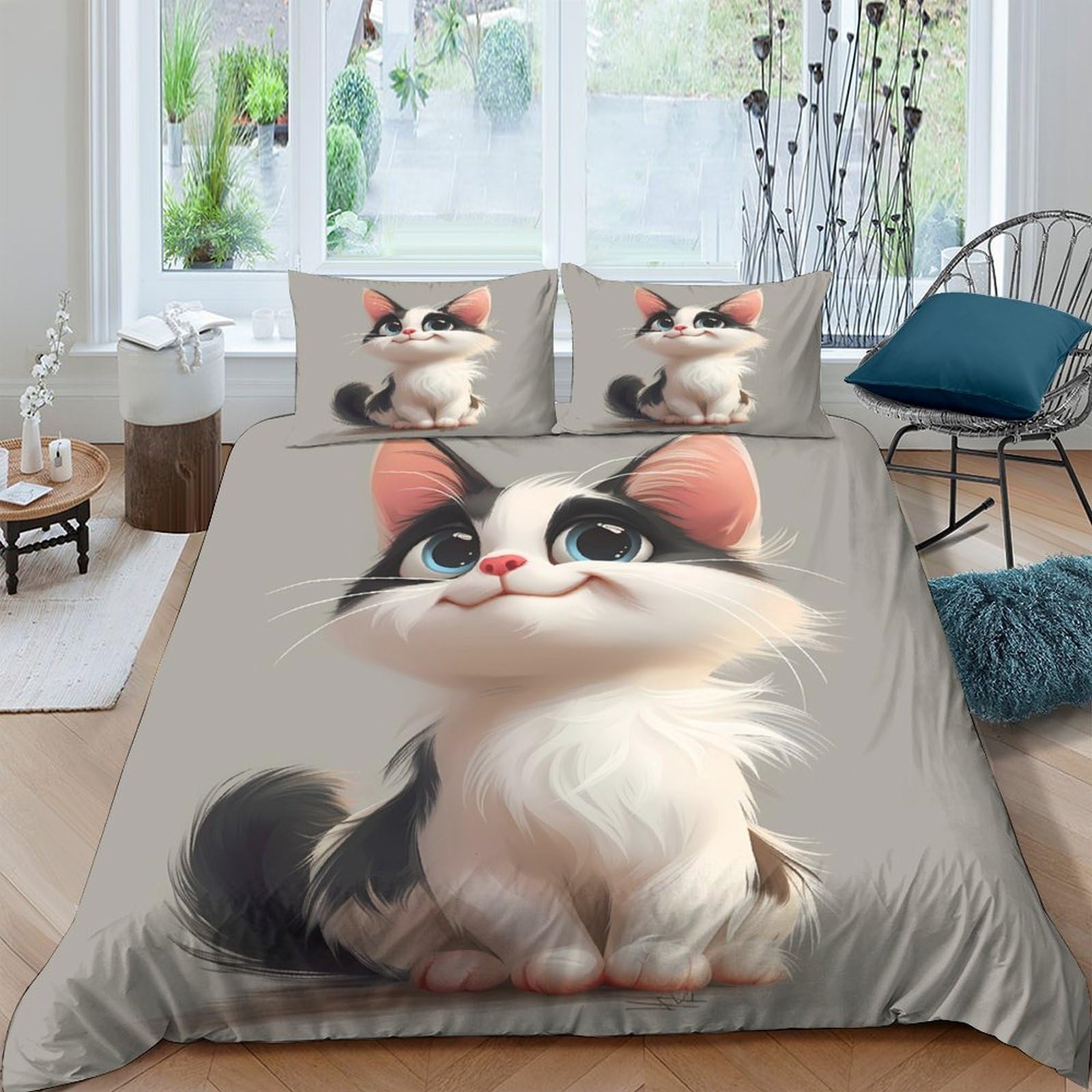 GPLZQXKJNH 3D Printed Cute Cat Duvet Cover Microfiber Soft Breathable Kitten Bedding Set with 2 Pillowcases for Bedroom Decor Single（135x200cm）