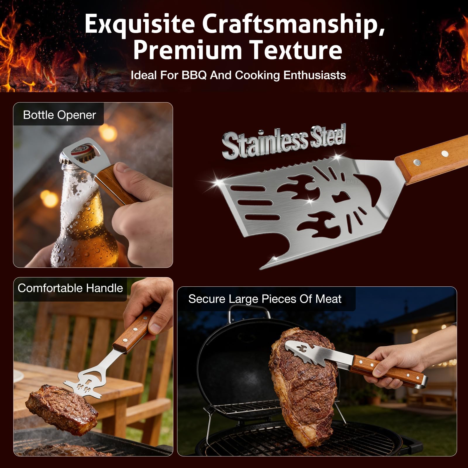 3-Piece BBQ Tools Set with Grill Spatula, Tongs, Fork - Wooden Handles, Duty Stainless Steel Barbecue Utensils Kit, 7-in-1 Turner & 6-in-1 Fork Functions As A Bottle Opener-Surprise Gifts for Men Dad - 5