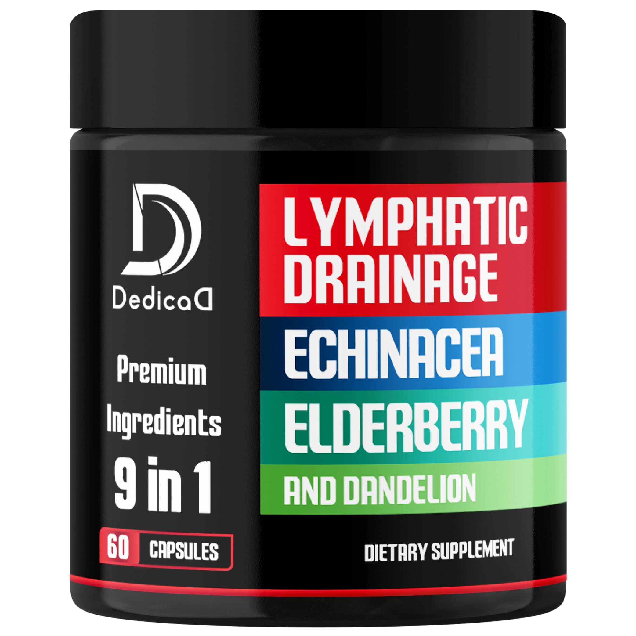 DEDICAD 9in1 Lymphatic Drainage Capsules with Echinacea, Elderberry, Dandelion, Rosehip, Cleavers, Calendula, Burdock - 60 Days Supply