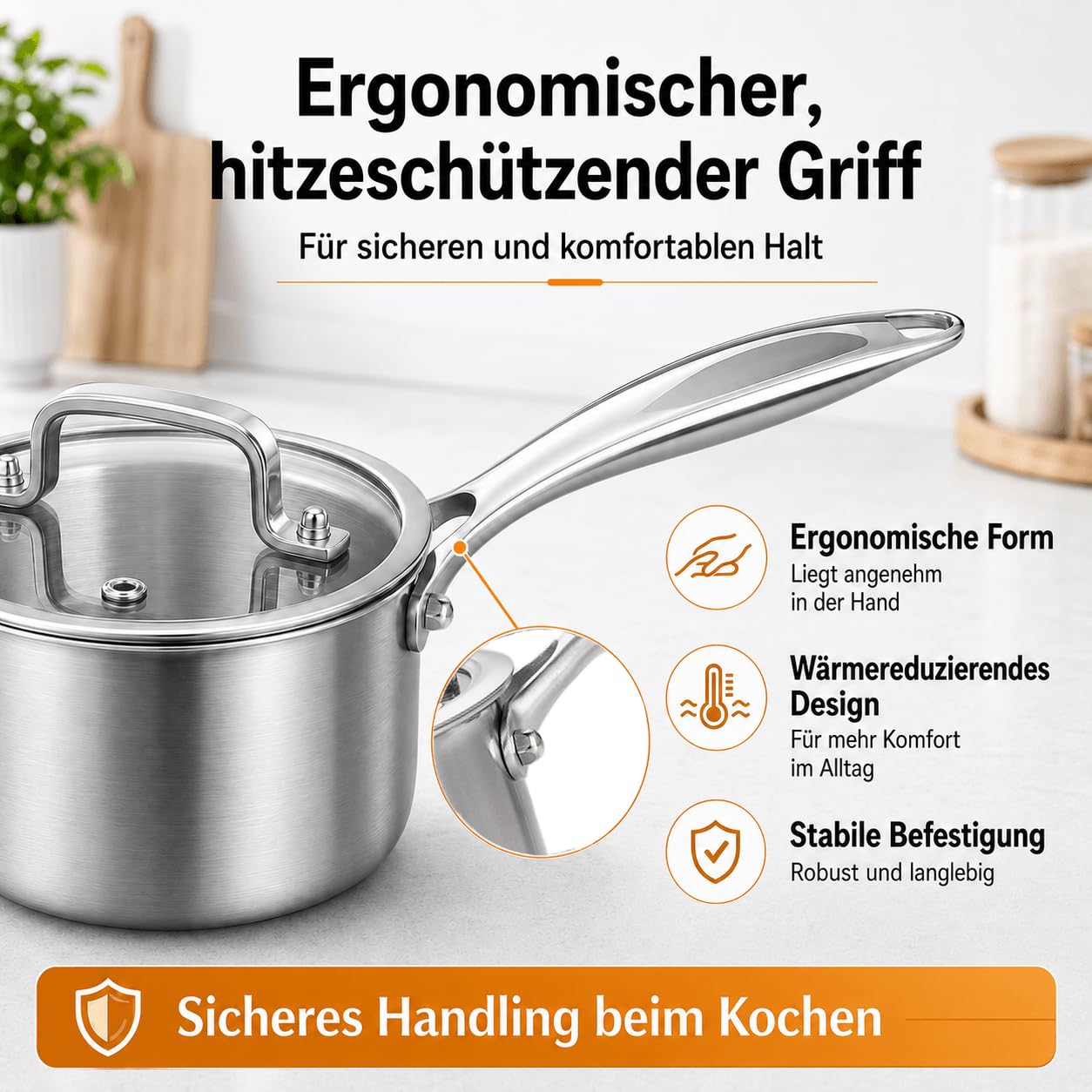 DELARLO Stielkasserolle 16 cm, 1,9 L Kochtopf mit Glasdeckel | Durchgehend 3-lagige Konstruktion, Gleichmäßiges Erhitzen, für alle Herdarten, Kühlbleibender Griff & Spülmaschinenfest
