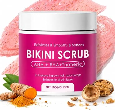 Bikini Area Body Scrub with 10% AHA+BHA & Turmeric, Natural Exfoliating Body Scrub for Bikini Underarm Inner Thighs, Body Exfoliator for Post-Shave Skin, Moisturizes & Nourishes Skin, Evens Skin Tone