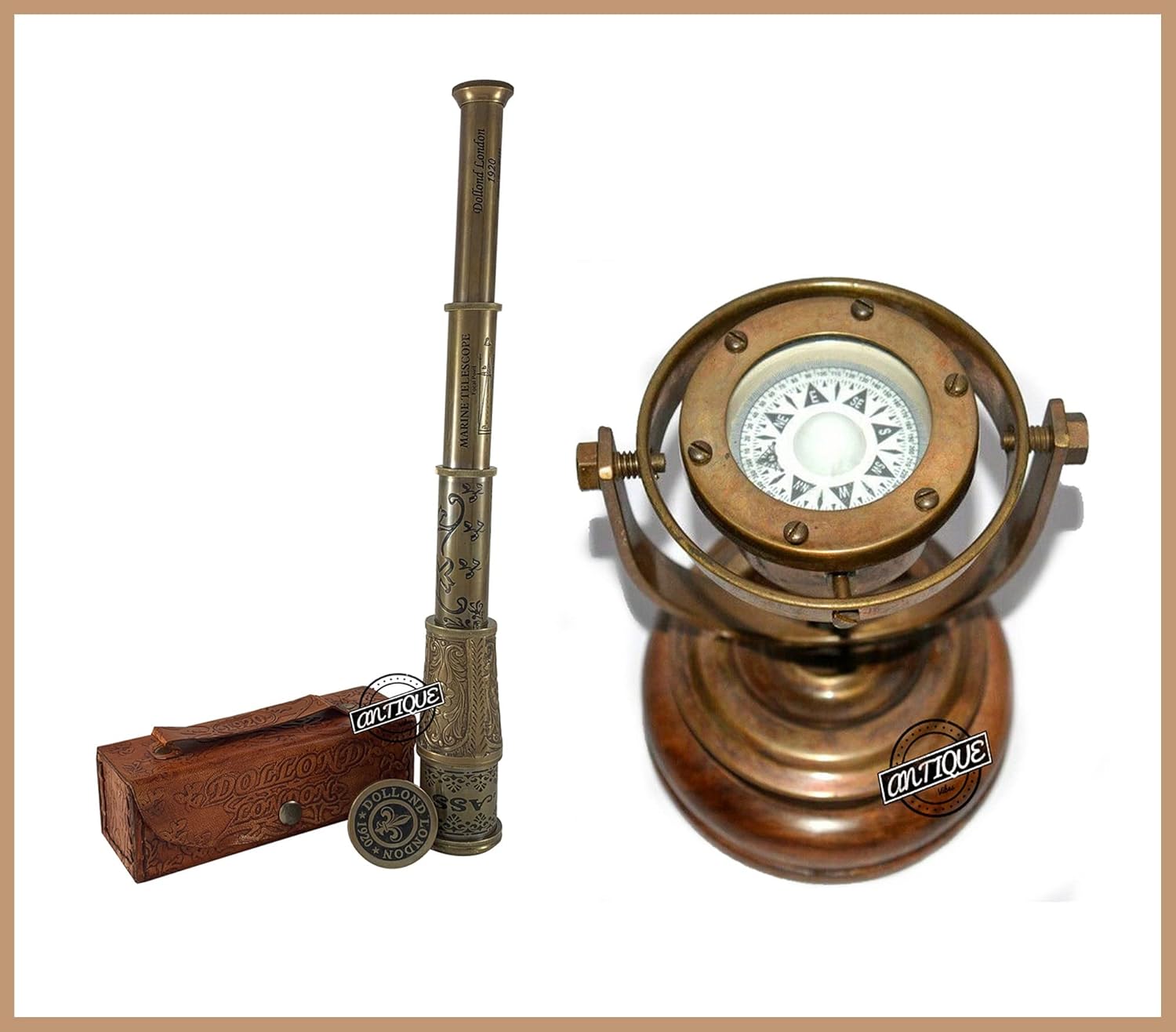 Sailor Nautical Brass Antique Binnacle Compass & Dollond London Telescope in Leather Case