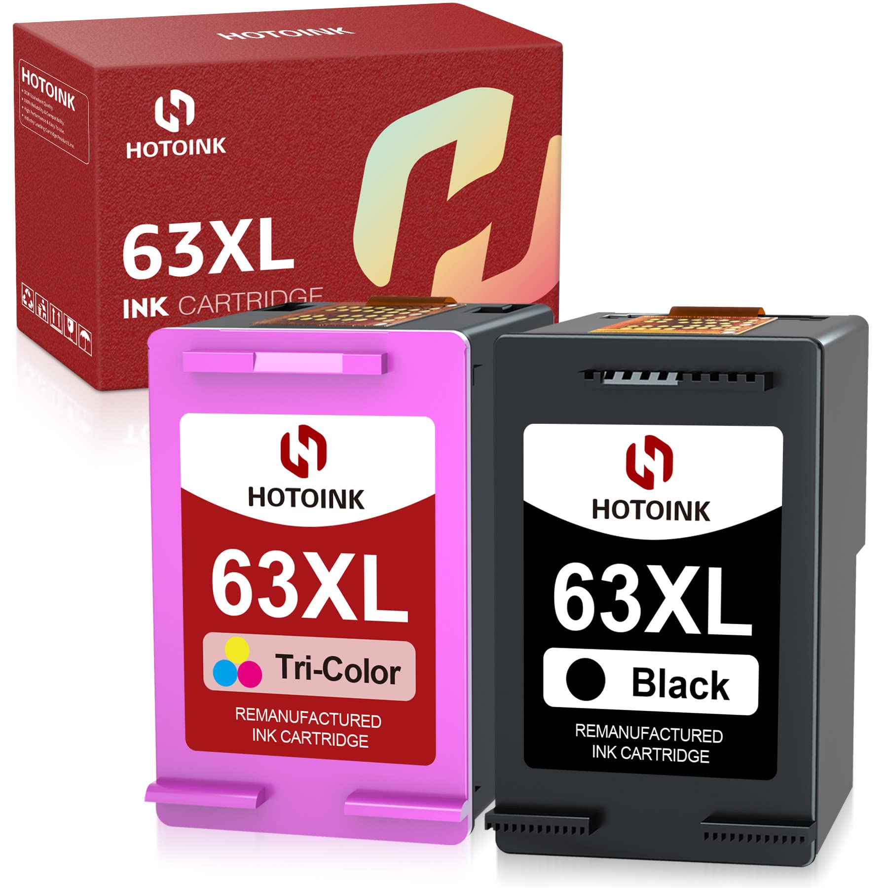 HOTOINK Remanufactured Ink Cartridge Replacement for HP 63XL 63 XL to use with HP OfficeJet 3830 4650 5255 5258 3833 Envy 4520 4513 4516 Deskjet 1112 2130 2132 3630 3632 Printer (1 Black, 1 Tri-Color)